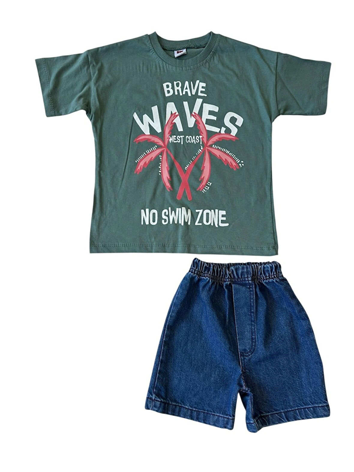 Palmiye Desenli Erkek Çocuk Kot Şortlu İkili Takım