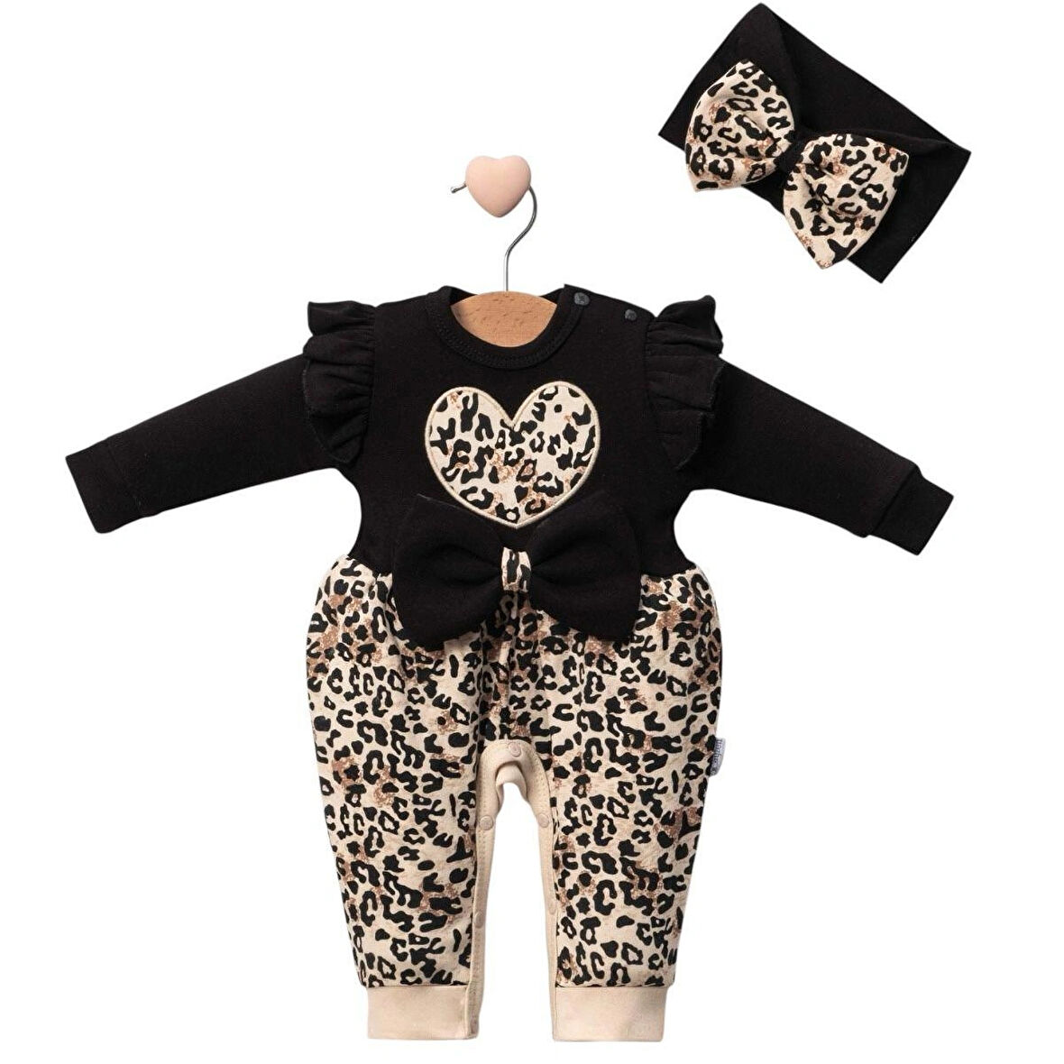 Leopar Desenli Kız Bebek Bandanalı Tulum Takımı