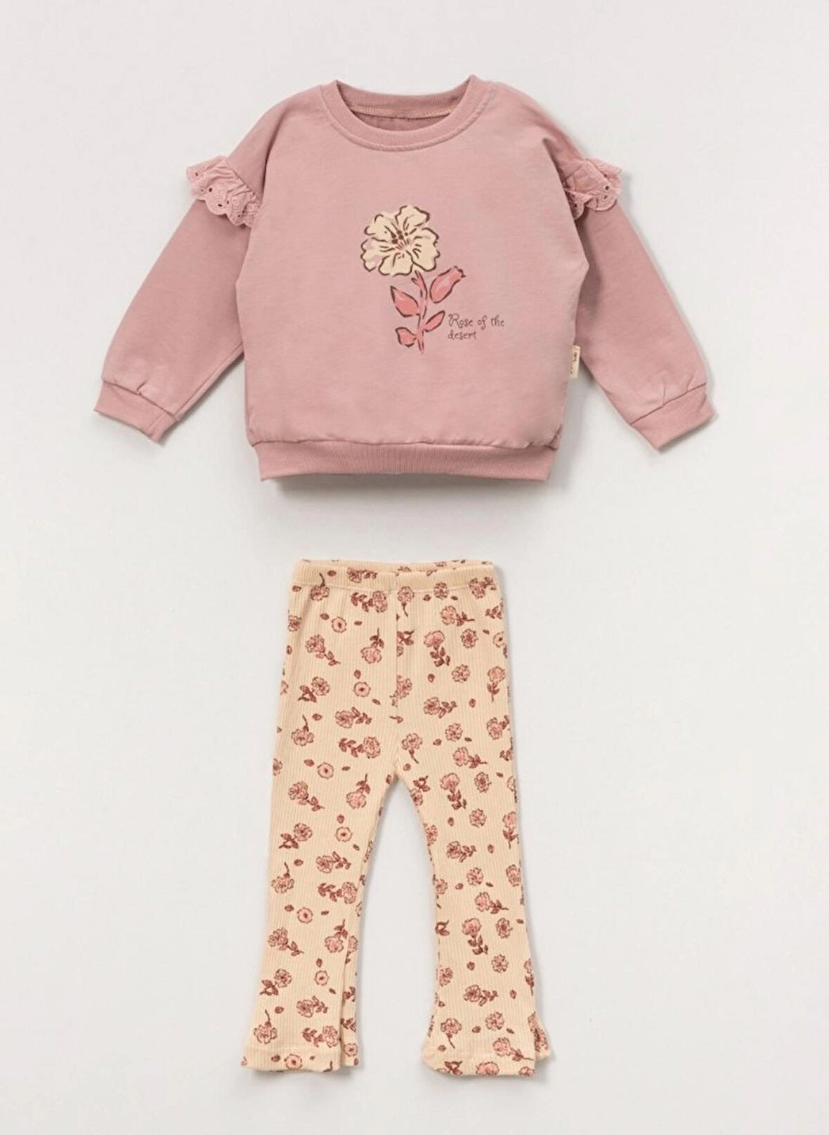 Kolları Fistolu Çiçek Baskılı Kız Çocuk İkili Takım