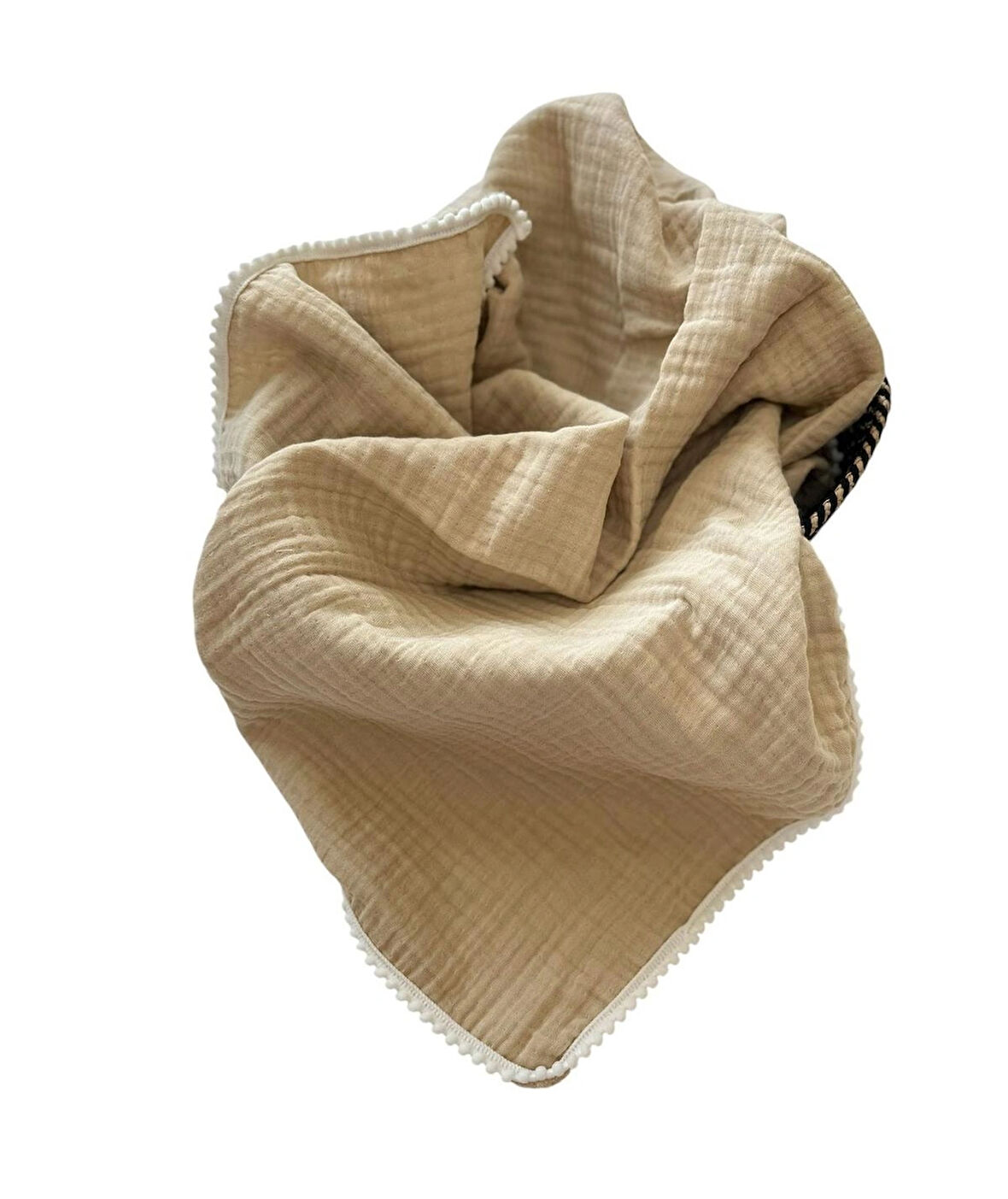 Ponpon Kenarlı Bej Müslin Battaniye