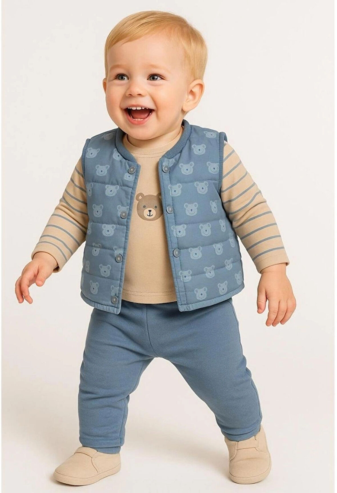 Ayıcıklı Şişme Yelekli Erkek Bebek 3'lü Takım