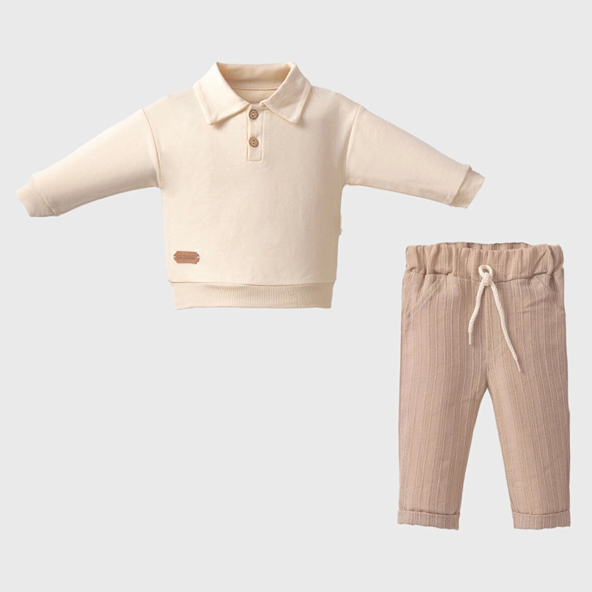 Yaka Düğmeli Erkek Bebek Keten Pantolonlu Takım - kahve