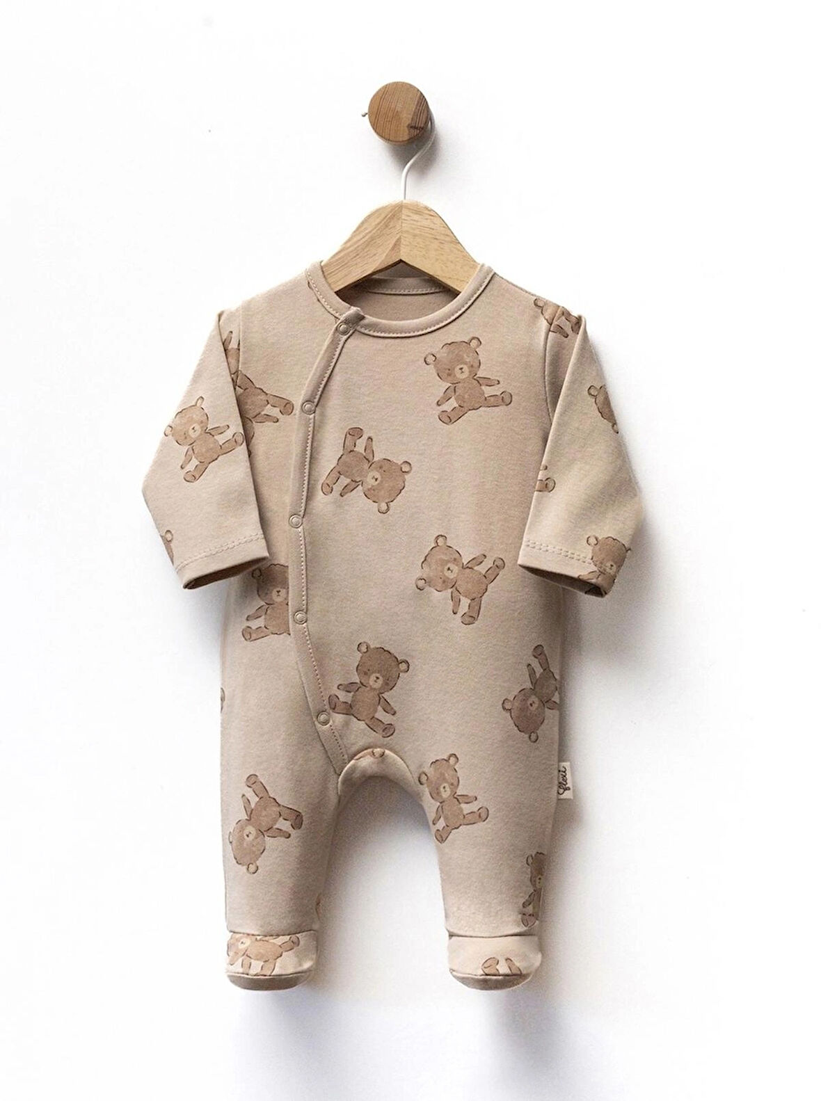 Ayıcık Desenli Kahve Erkek Bebek Önden Çıtcıtlı Patikli Tulum