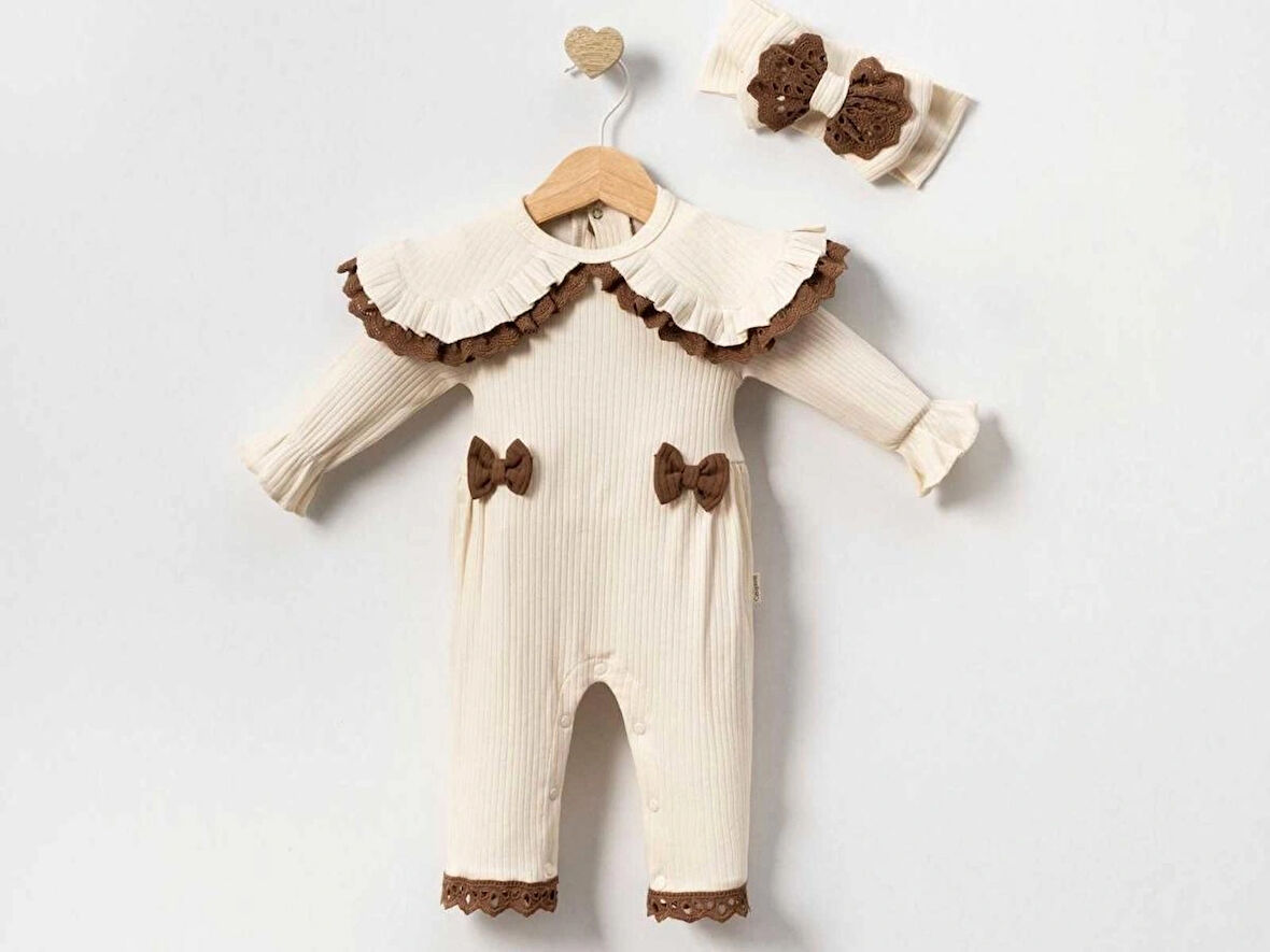 Fisto Yakalı Ekru Bandanalı Kız Bebek Tulum Seti