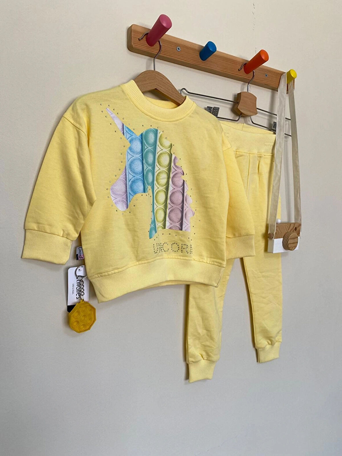 Taşlı Unıcorn Popitli Sarı Kız Çocuk Eşofman Takımı