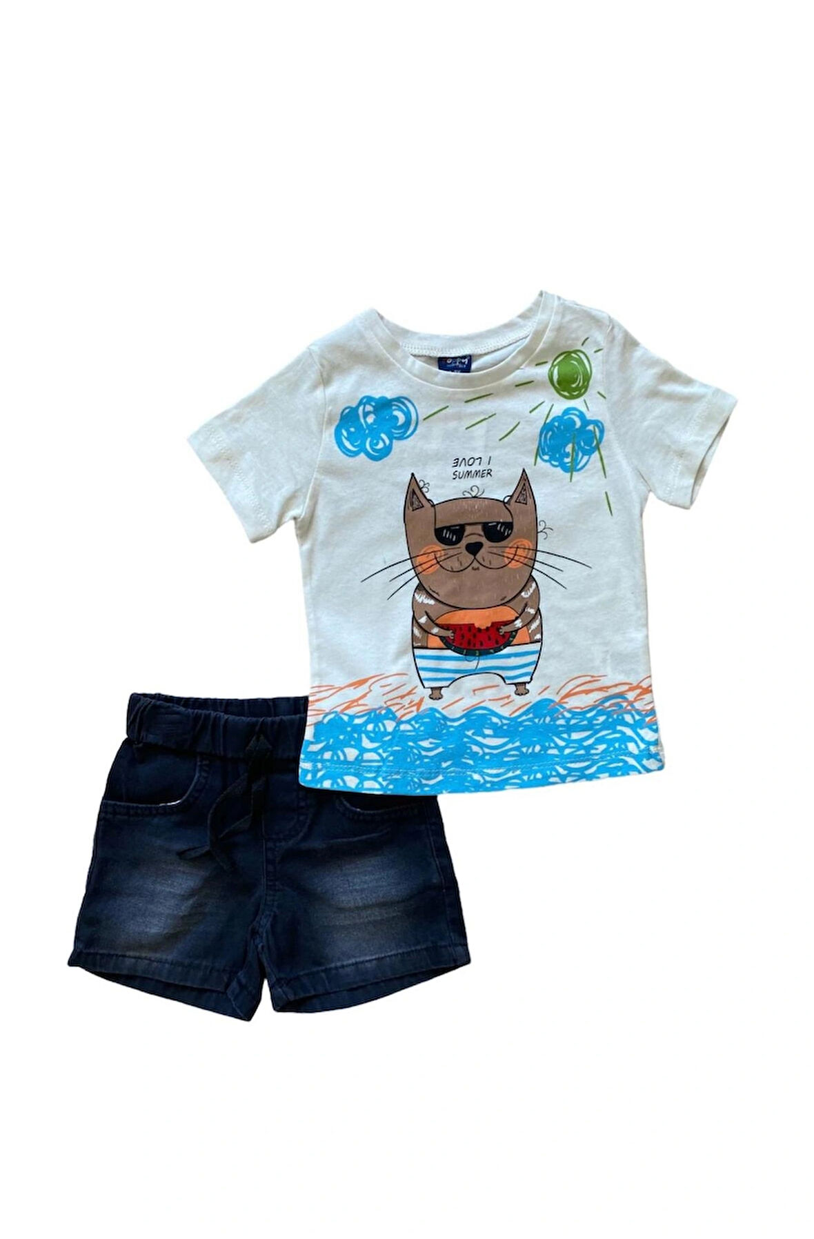 Desenli T-shirt Erkek Çocuk Jean Şort Ikili Takım