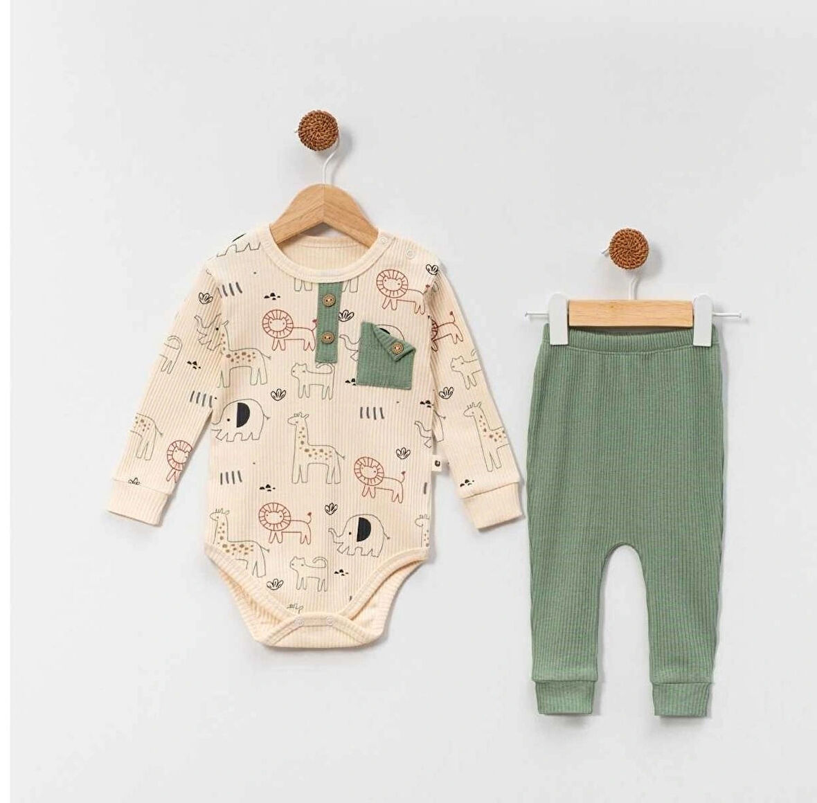 Animal Çıtcıtlı Body Erkek Bebek Mint Takım