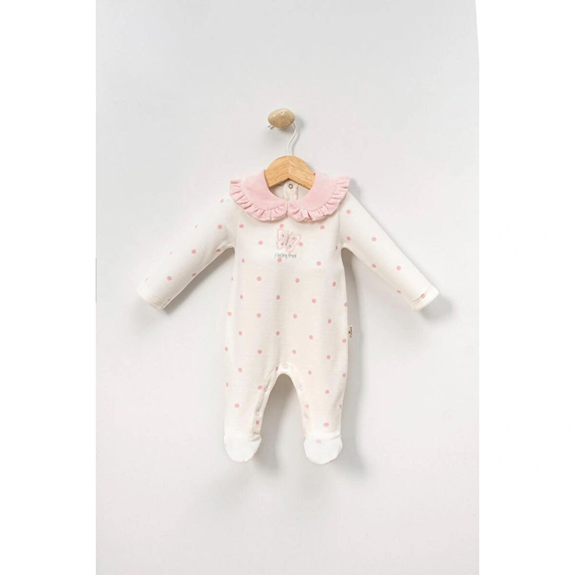 Kelebek Nakışlı Puantiyeli Kız Bebek Kadife Tulum