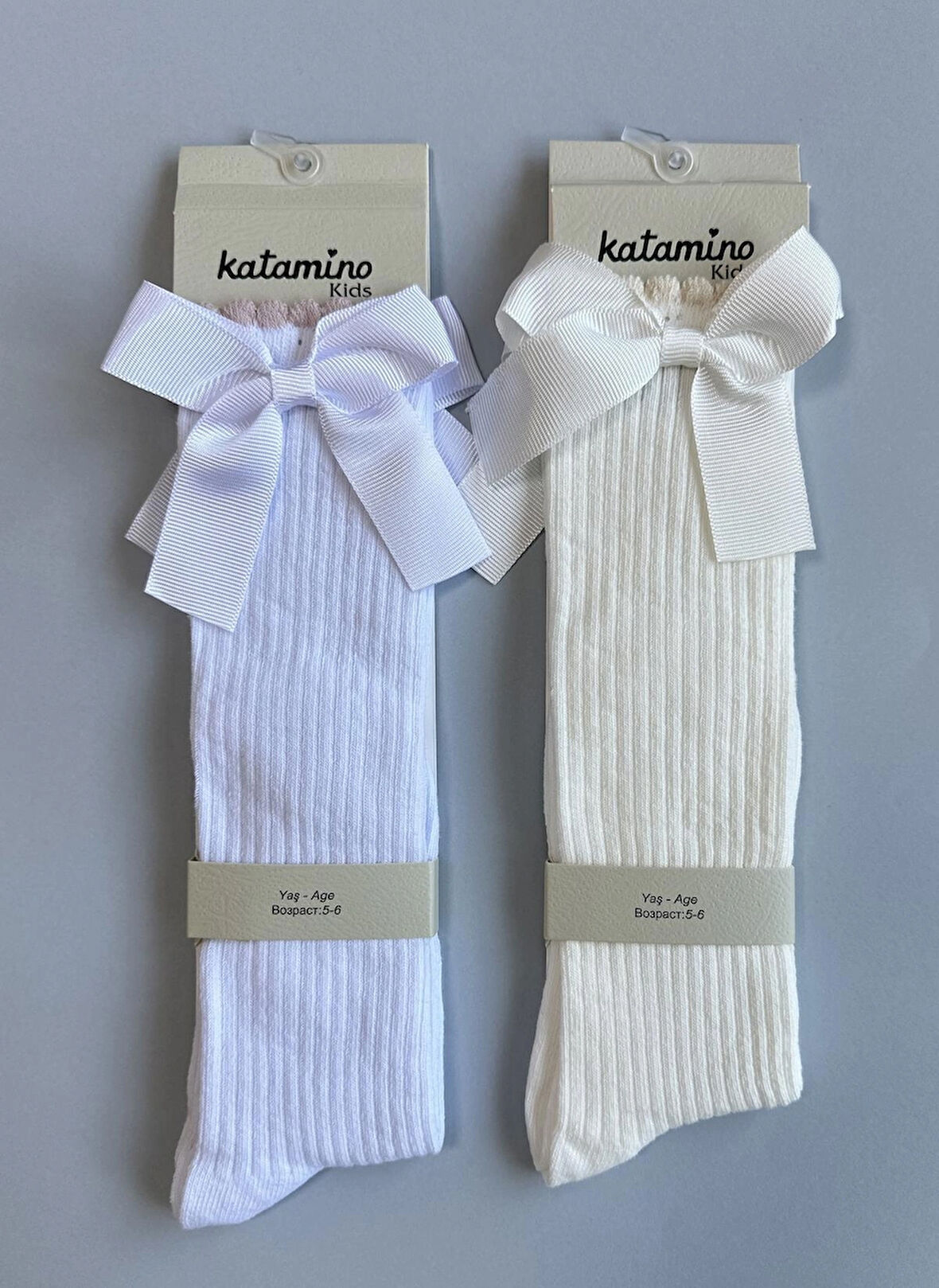 Kurdelalı 2'li Kız Çocuk Dizaltı Çorap Seti - KREM