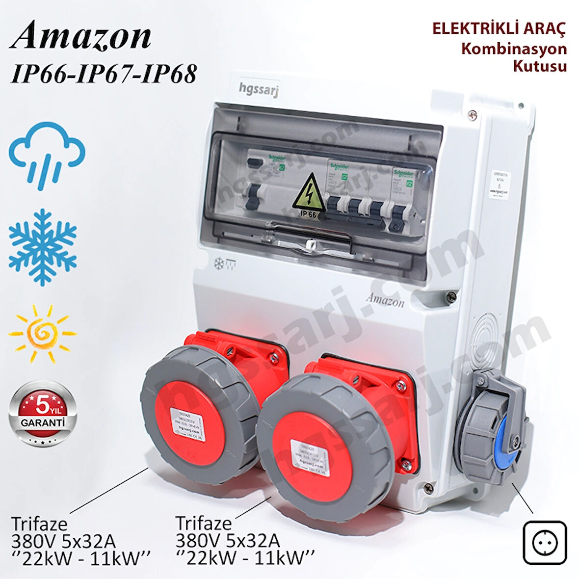 AMAZON IP66-IP67-IP68 Trifaze Elektrikli Araç Kombinasyon Kutusu, 5x32A + 5x32A + 1x16A - Sigorta Markası Seçeneği - 5 Yıl Garanti