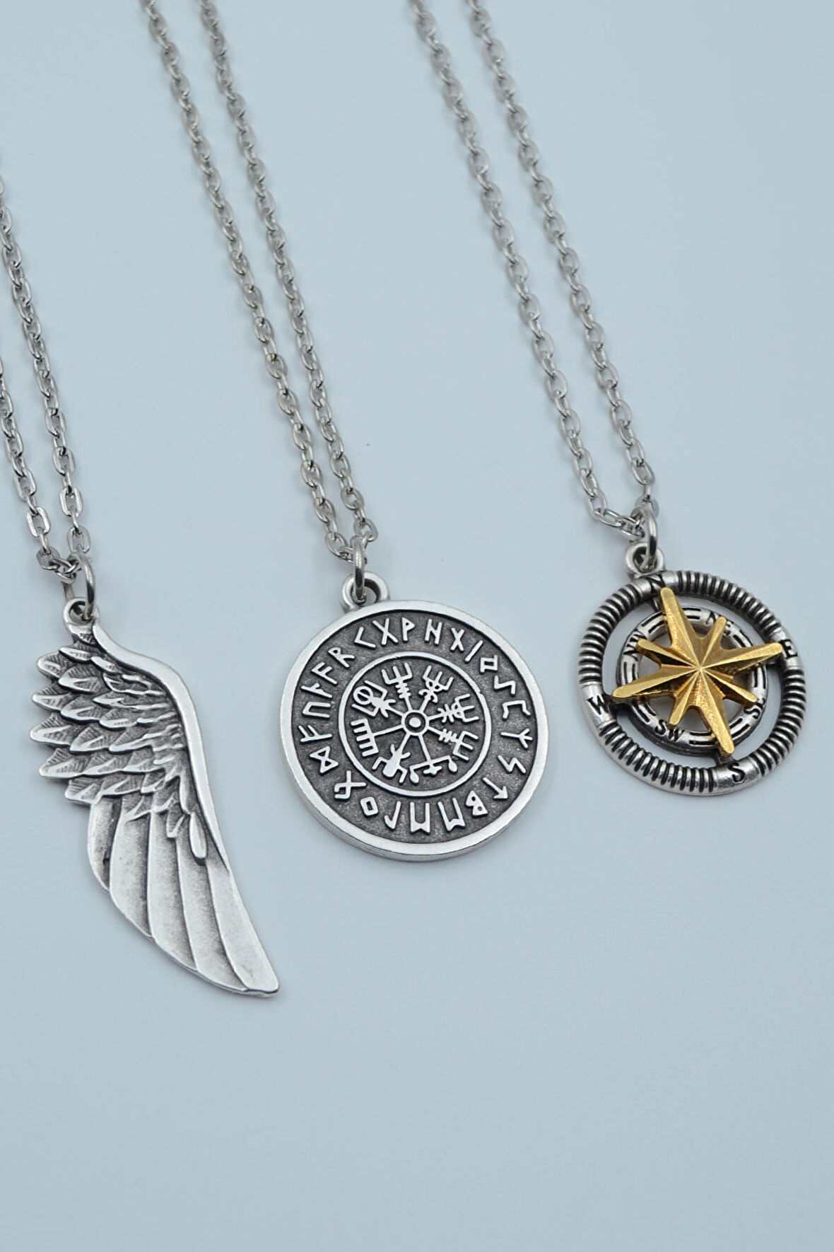 3'lü Büyük Kanat Viking Pusula Tılsım  Gümüş Kaplama Unisex Düz Zincir Kolye Seti kod 1174