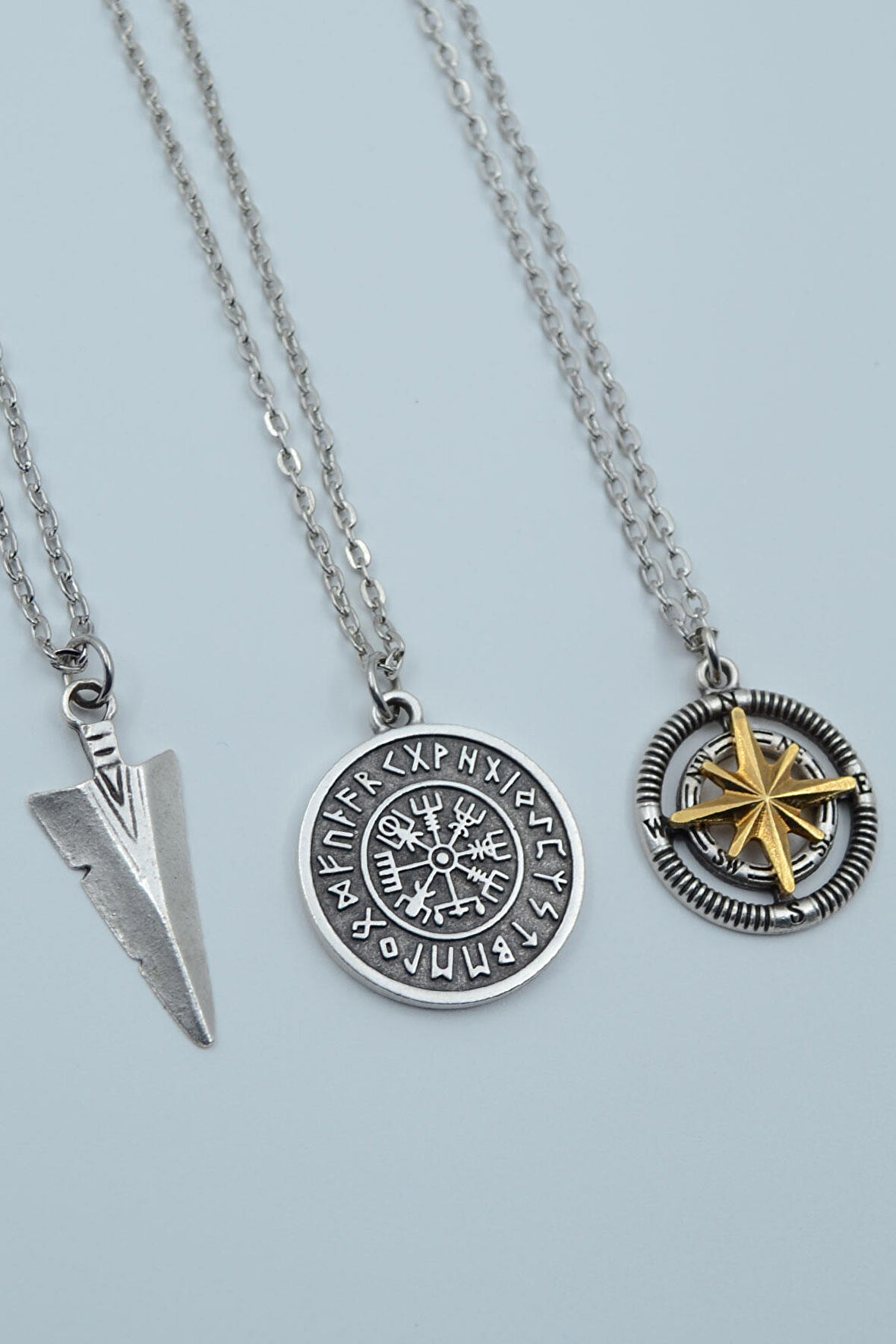 3'lü Triagle Ok Ucu Viking Pusula Tılsım  Gümüş Kaplama Unisex Düz Zincir Kolye Seti kod 1175