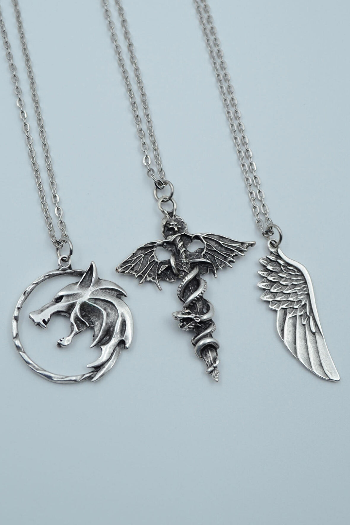 3'lü Yarasa Yılan Kılıç Witcher Çember Kanat  Gümüş Kaplama Unisex Düz Zincir Kolye Seti kod 1161