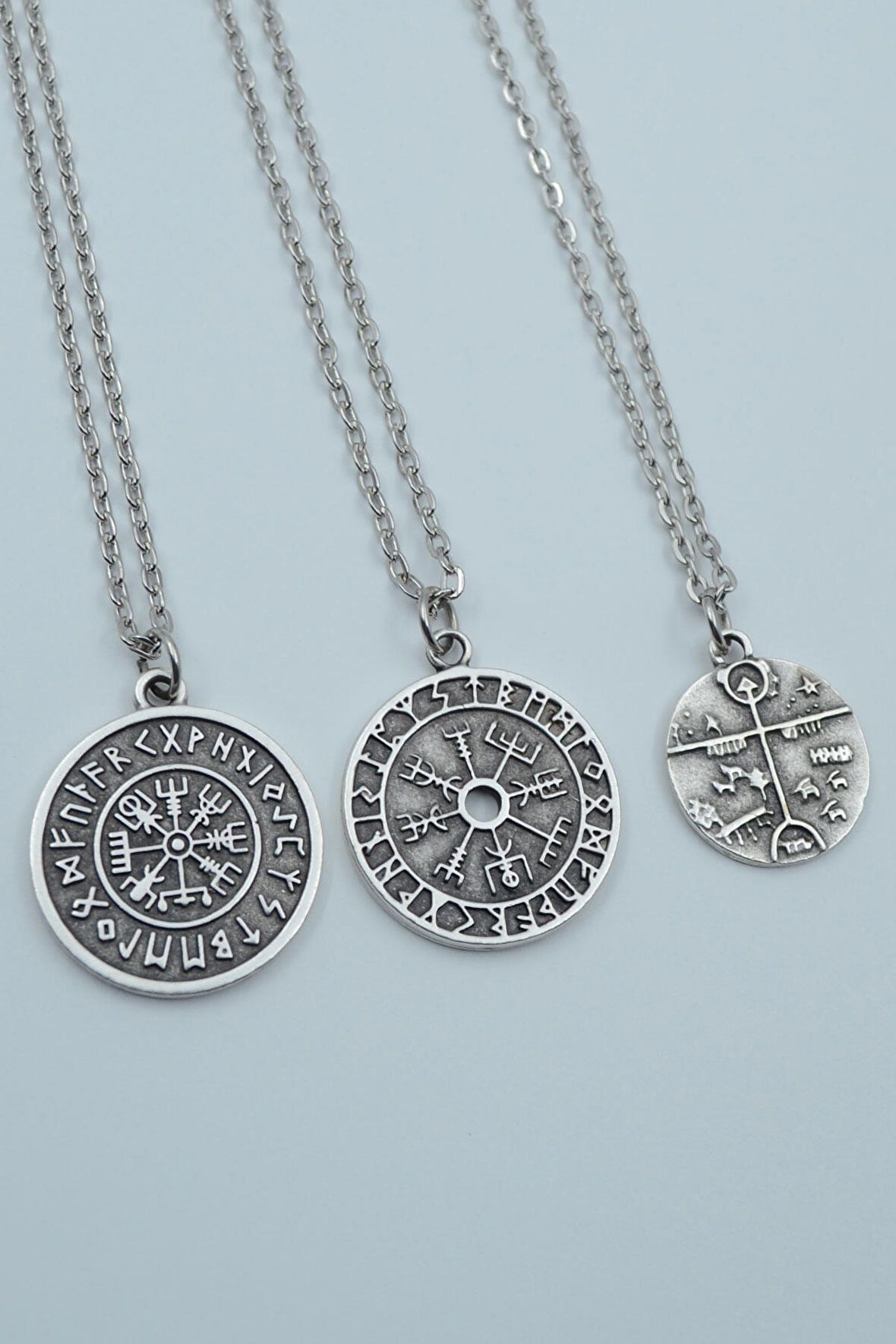 3'lü Viking Pusula Tılsım Şaman Davulu - Kam Davulu  Gümüş Kaplama Unisex Düz Zincir Kolye Seti kod 1223