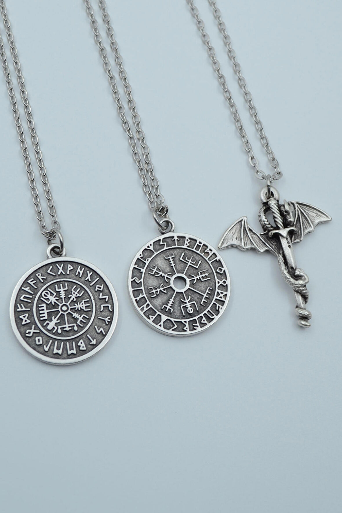3'lü Ejderha Kılıç Viking Pusula Tılsım  Gümüş Kaplama Unisex Düz Zincir Kolye Seti kod 1208