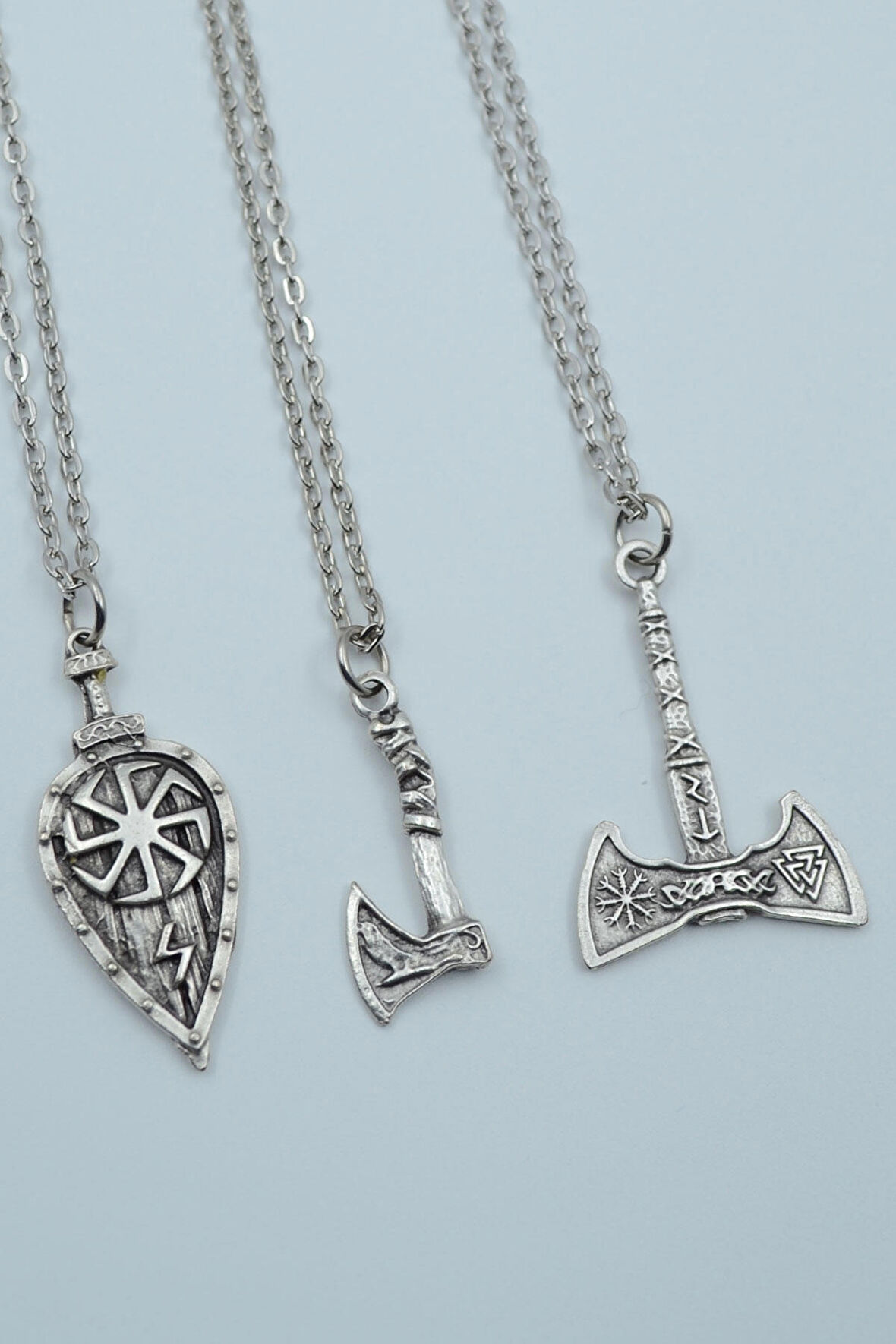 3'lü Viking Kalkan Vikig Çift Taraflı Balta  Gümüş Kaplama Unisex Düz Zincir Kolye Seti kod 1230