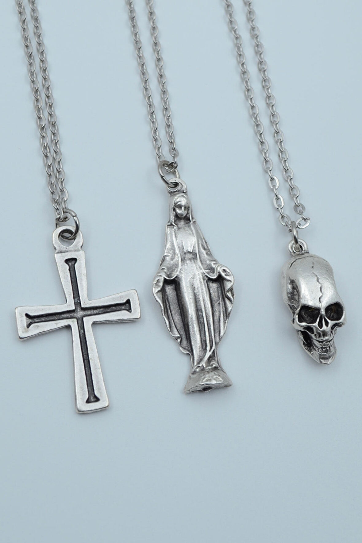 3'lü Kuru Kafa Haç Meryem Ana  Gümüş Kaplama Unisex Düz Zincir Kolye Seti kod 1191