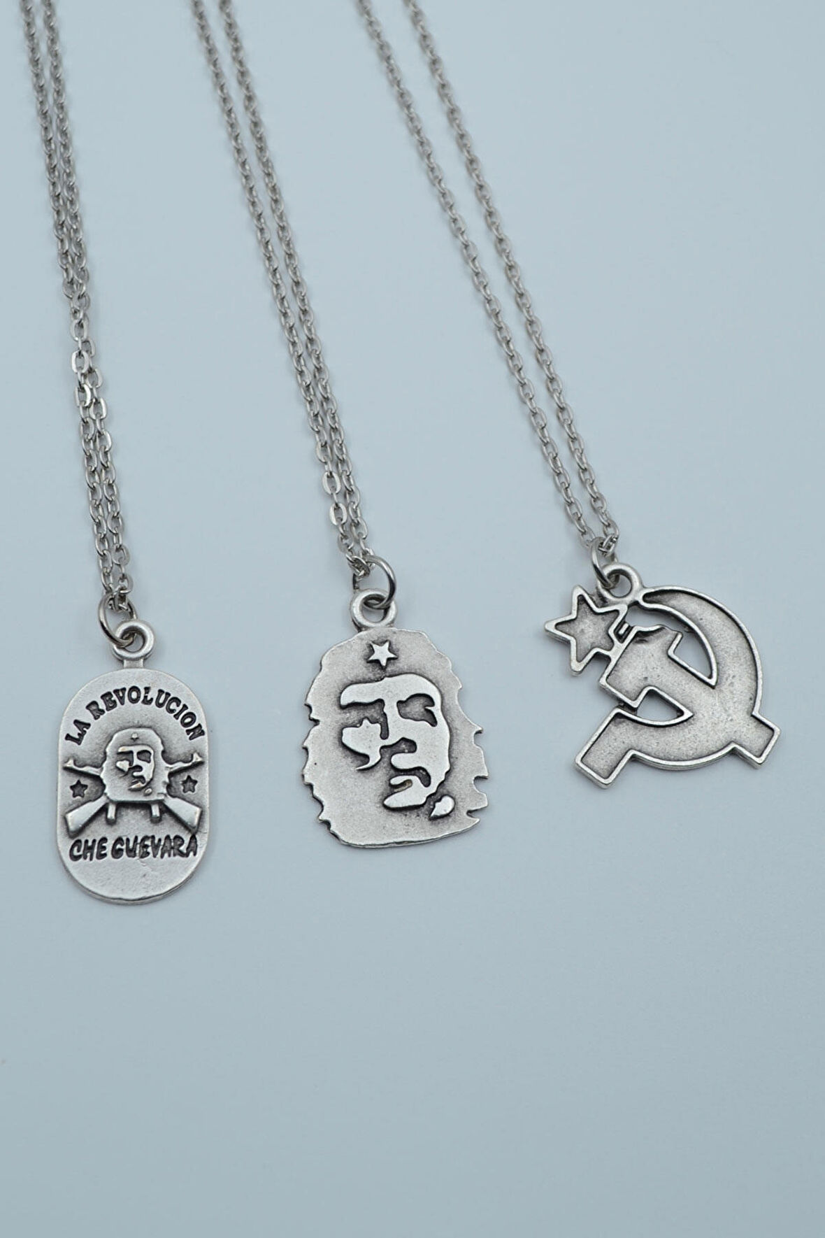 3'lü Devrim Che Guevara Orak Çekiç  Gümüş Kaplama Unisex Düz Zincir Kolye Seti kod 1201