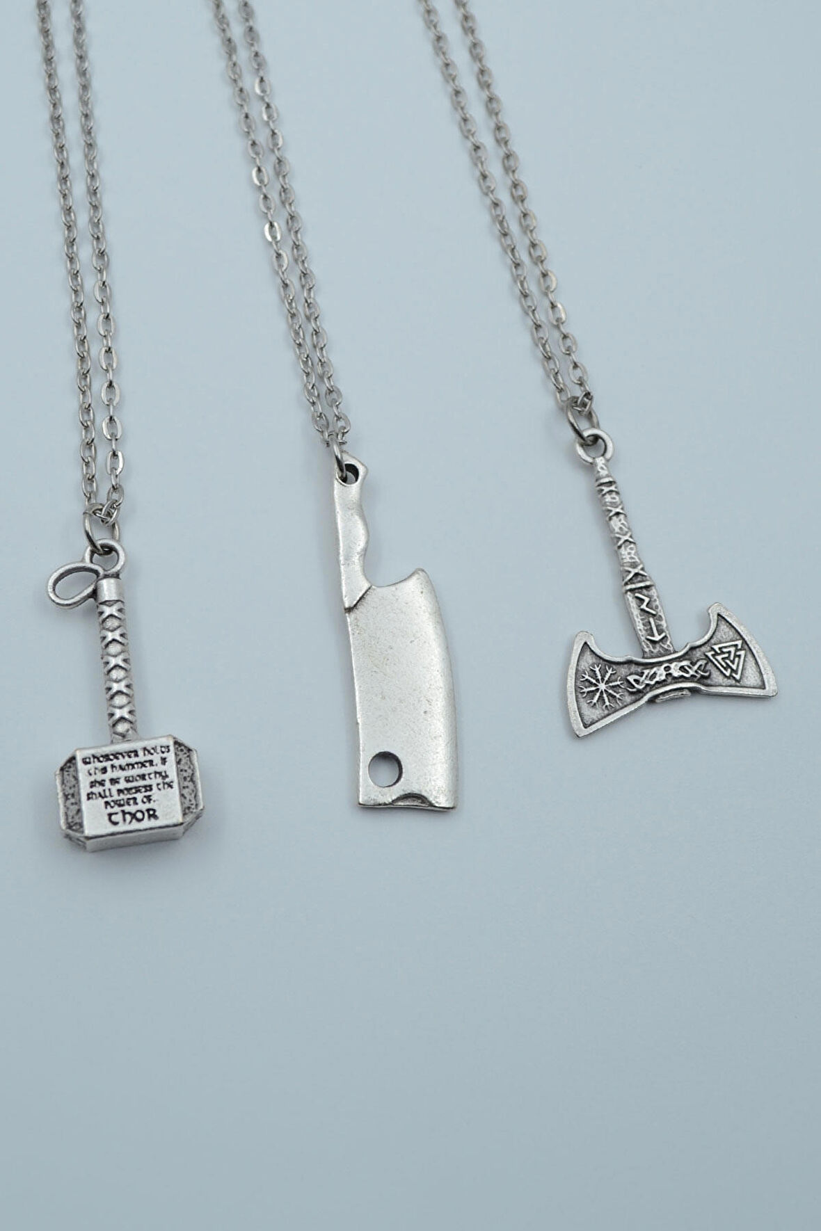 3'lü Thor Çekiç Satır Çift Taraflı Viking Balta  Gümüş Kaplama Unisex Düz Zincir Kolye Seti kod 1237