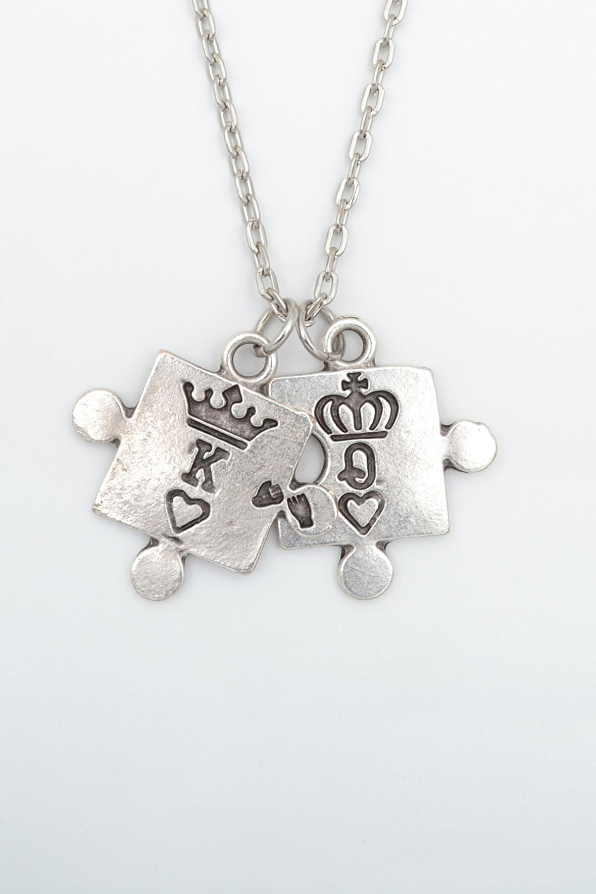 Puzzle - Quenn - King - Sevgili Düz Zincir Kolye