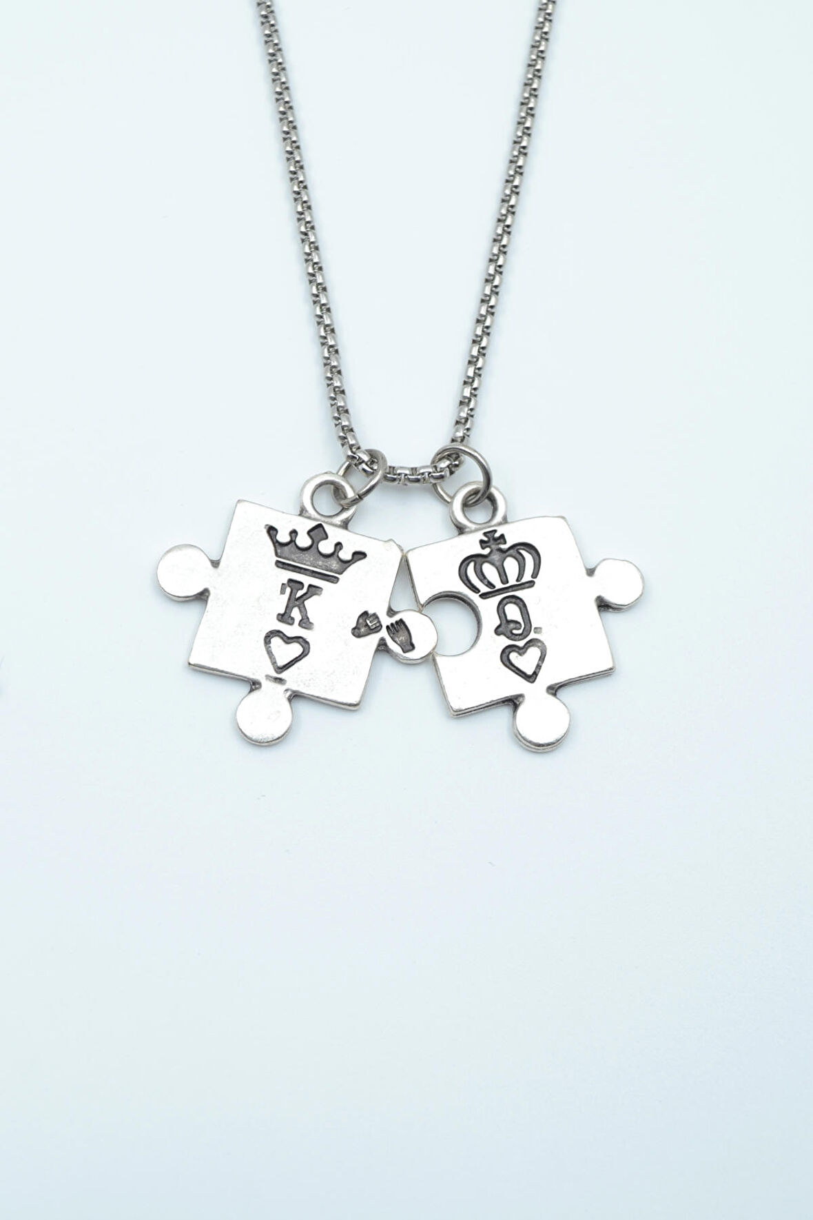 Puzzle - Queen - King - Sevgili Örme Zincir Kolye