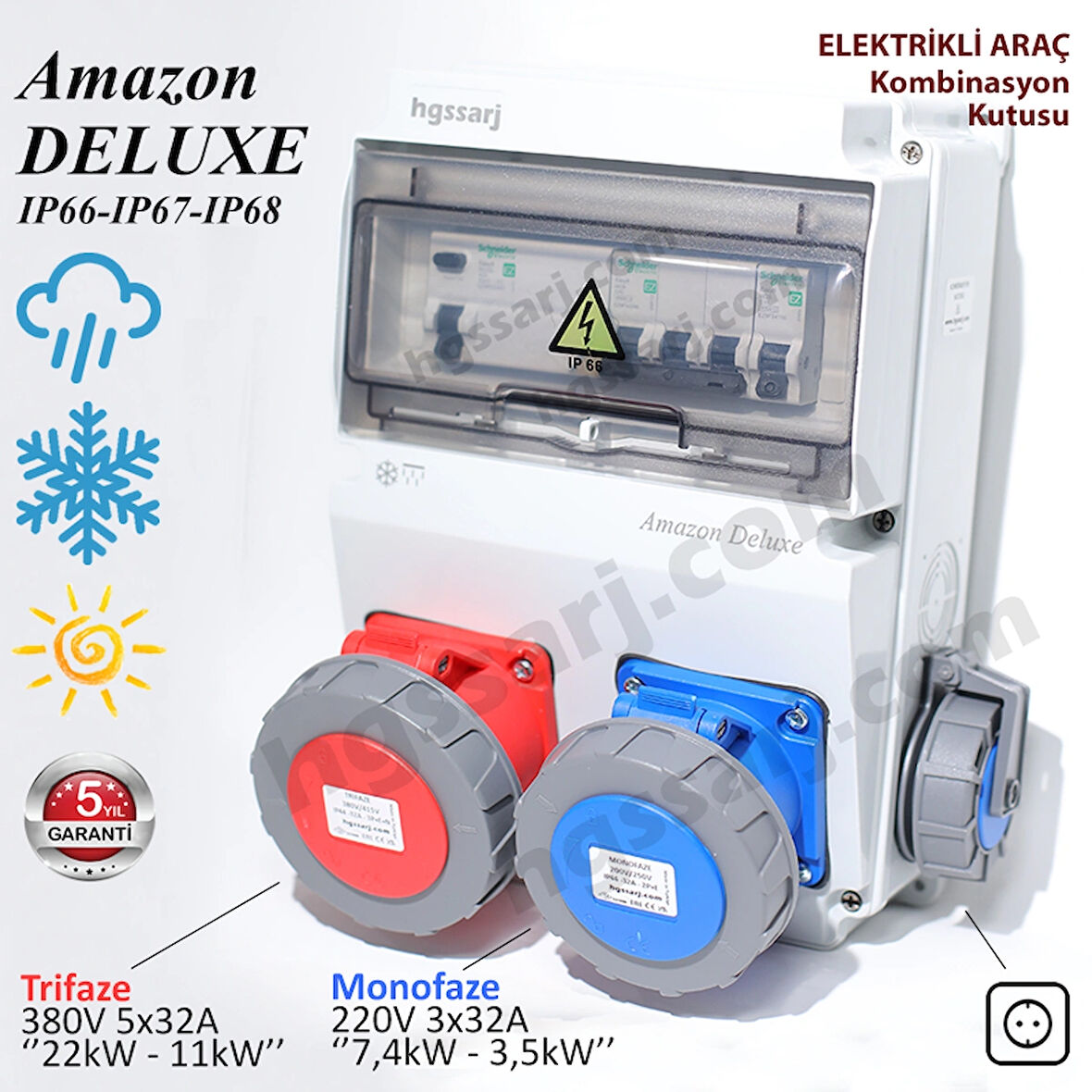 Amazon DELUXE IP66-IP67-IP68, Trifaze Elektrikli Araç Kombinasyon Kutusu, Tesla Blue Adaptöre Uyumlu, 5x32A + 3x32A + 1x16A - Sigorta Markası Seçeneği - 5 Yıl Garanti