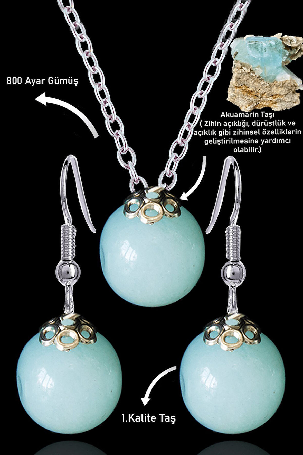 Sertifikalı Küre Model Akuamarin Taşı Kolye ve Küpe Seti - Gümüş Aparatlı (Aquamarin)