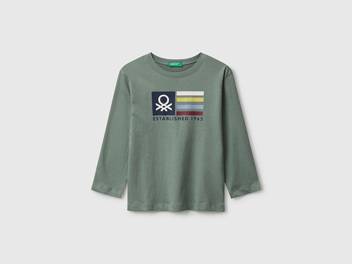 Erkek Bebek Haki Organik Pamuklu Önü Logo Baskılı Uzun Kollu Jarse T-shirt