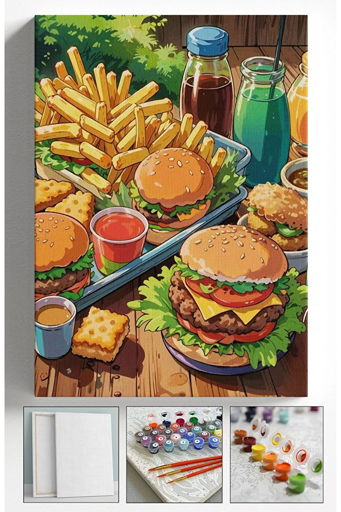 Sayılarla Boyama Çerçeveli Hobi Seti Numaralı Tuval Fırça Boya Dahil Kasnaklı HAMBURGER 40X50 Cm