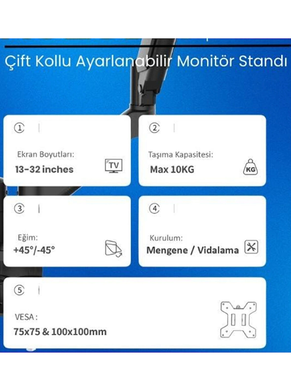 Hareketli Çift Kollu Ayarlanabilir Monitör ve Tv Askı Aparatı 13'' ve 32'' Inc Arası Uyumlu
