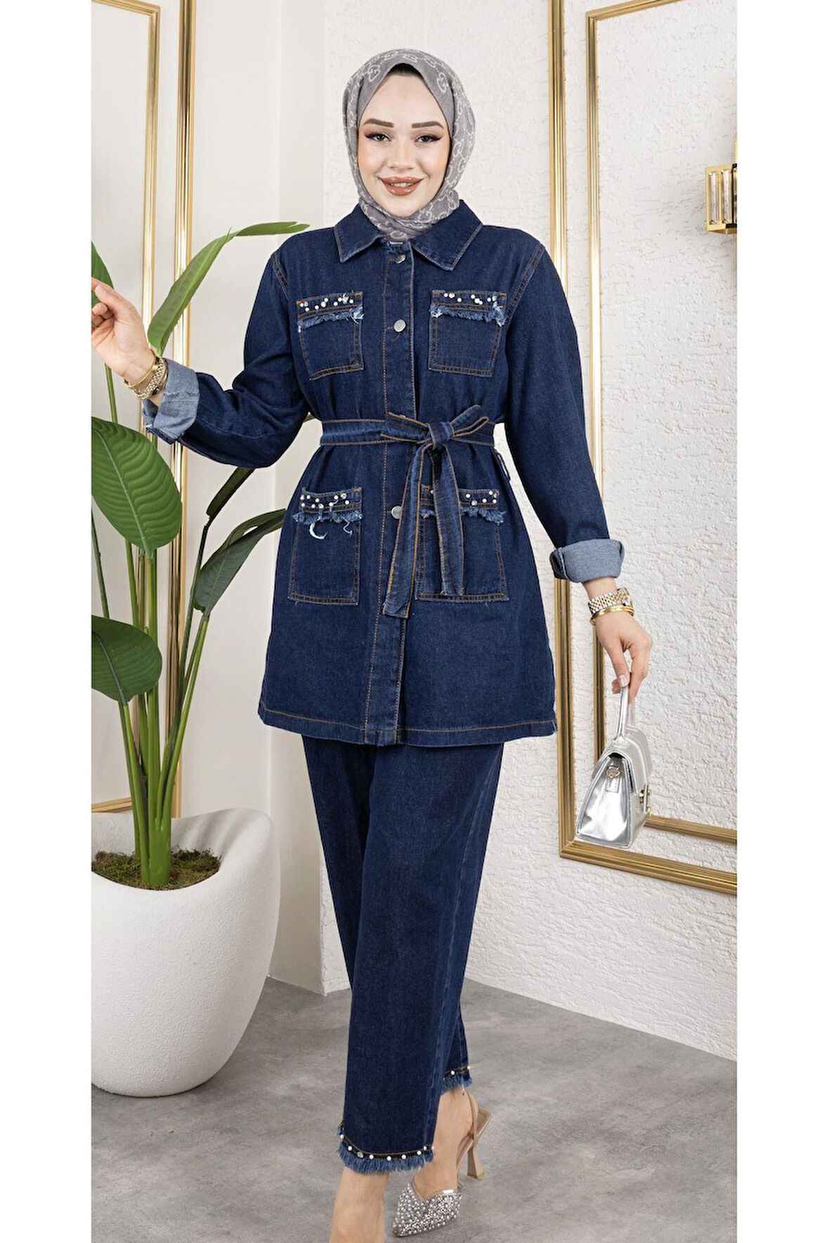 Kadın Taş Detaylı 2Li Takım Kot Ceket Pantolon