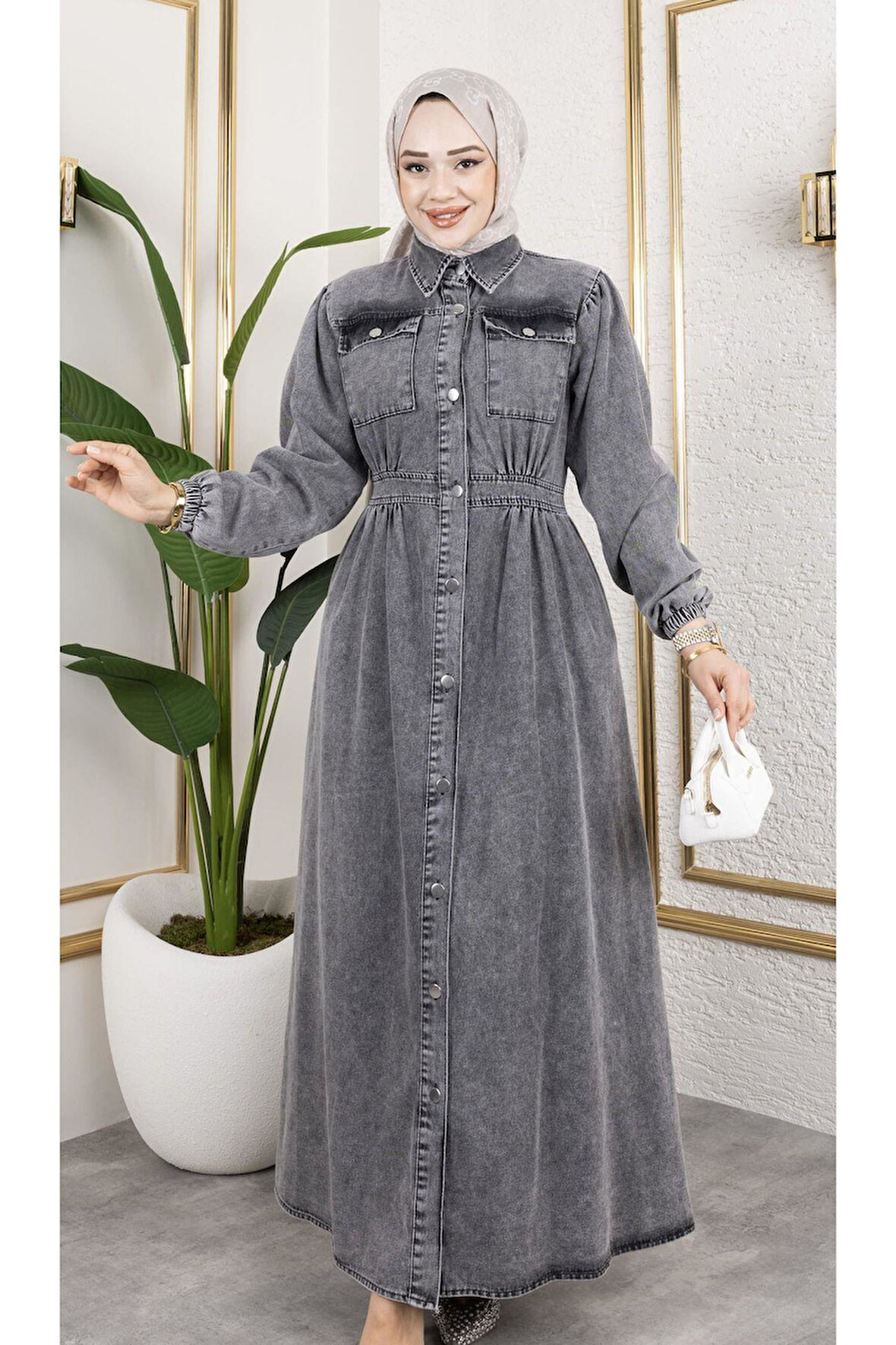 Kadın Düğmeli Cepli Kot Elbise