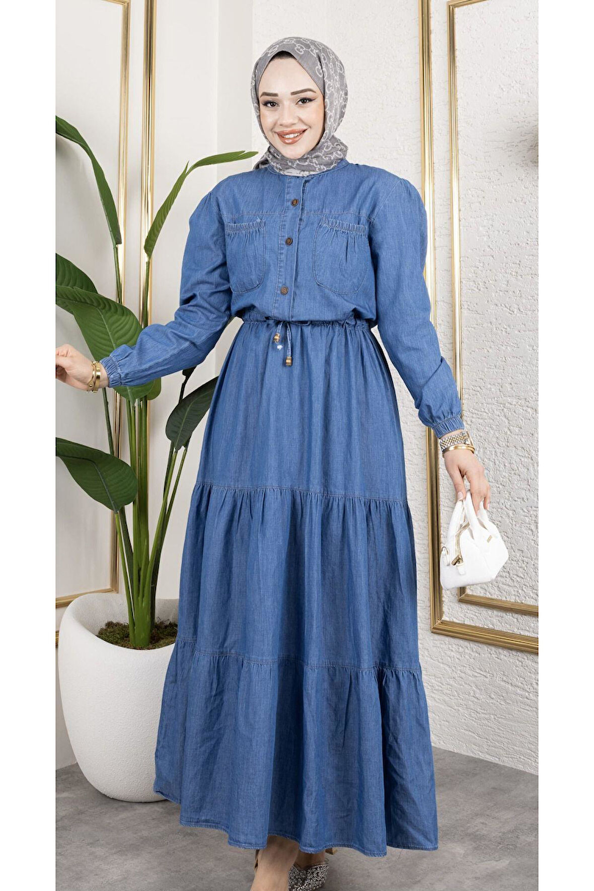 Kadın Düğmeli Cep Detaylı Beli Bağcıklı Kot Elbise