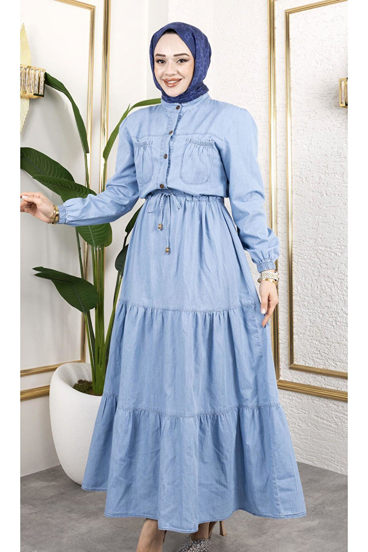 Kadın Düğmeli Cep Detaylı Beli Bağcıklı Kot Elbise