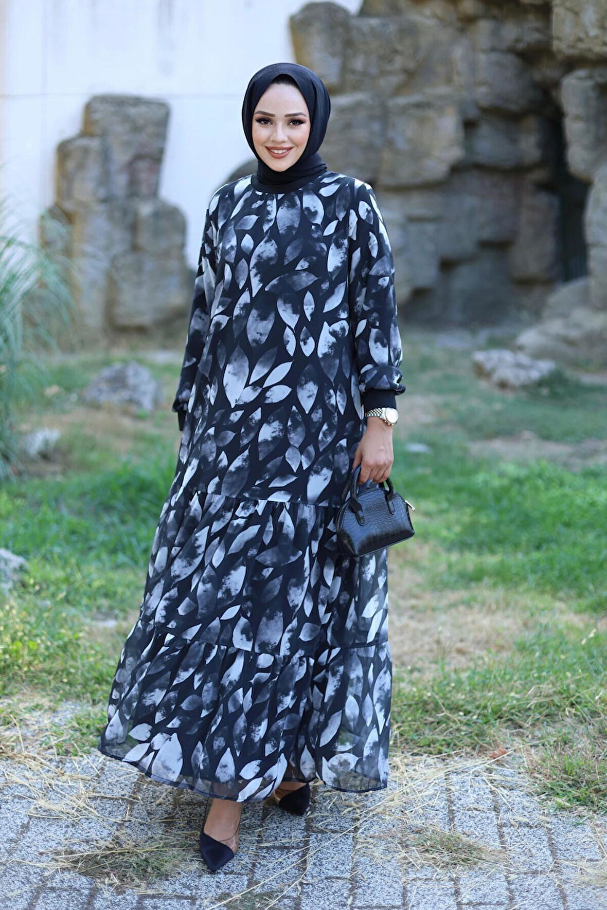 Kadın Astarlı Şifon Desenli Elbise