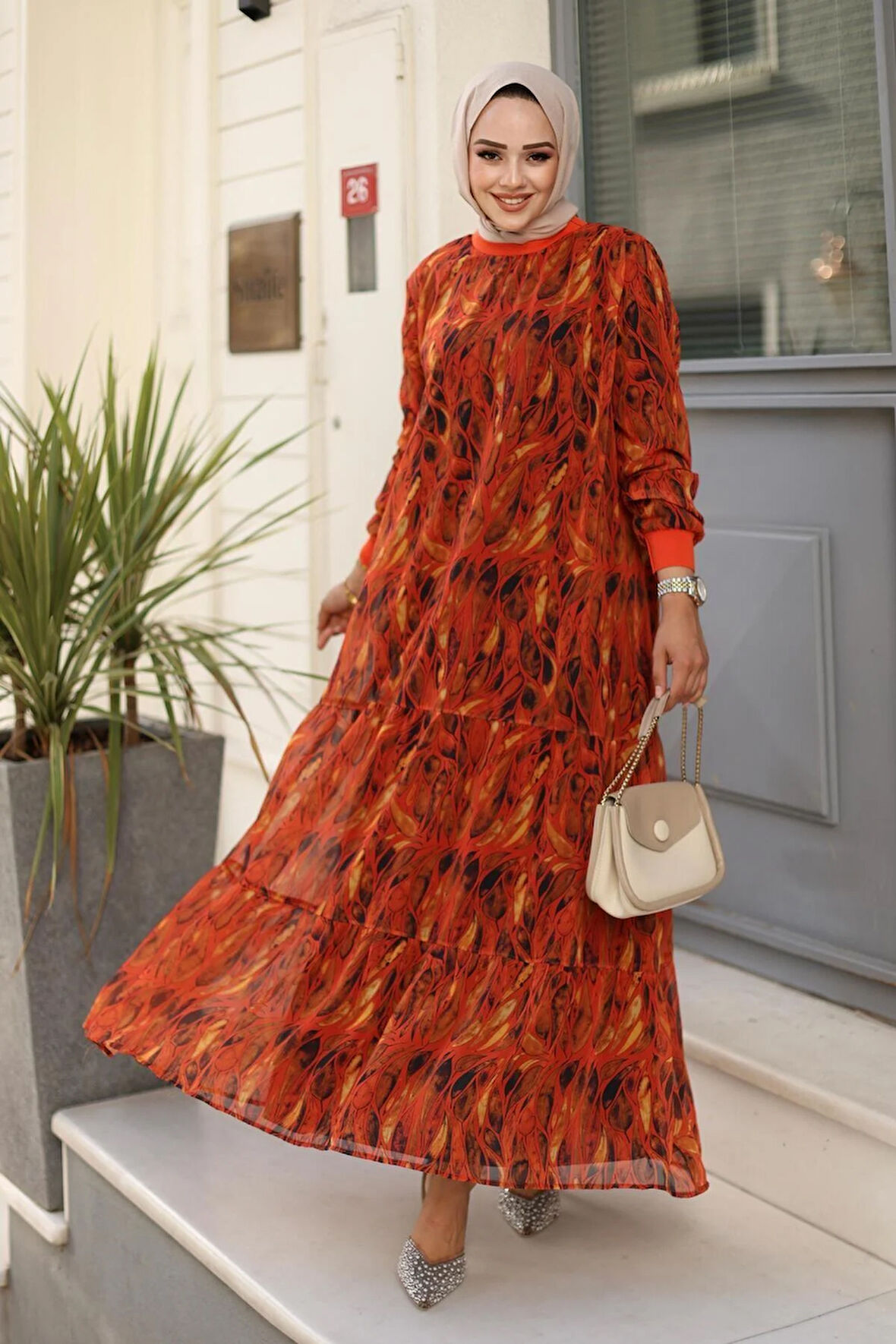 Kadın Yaprak Desenli Şifon Elbise