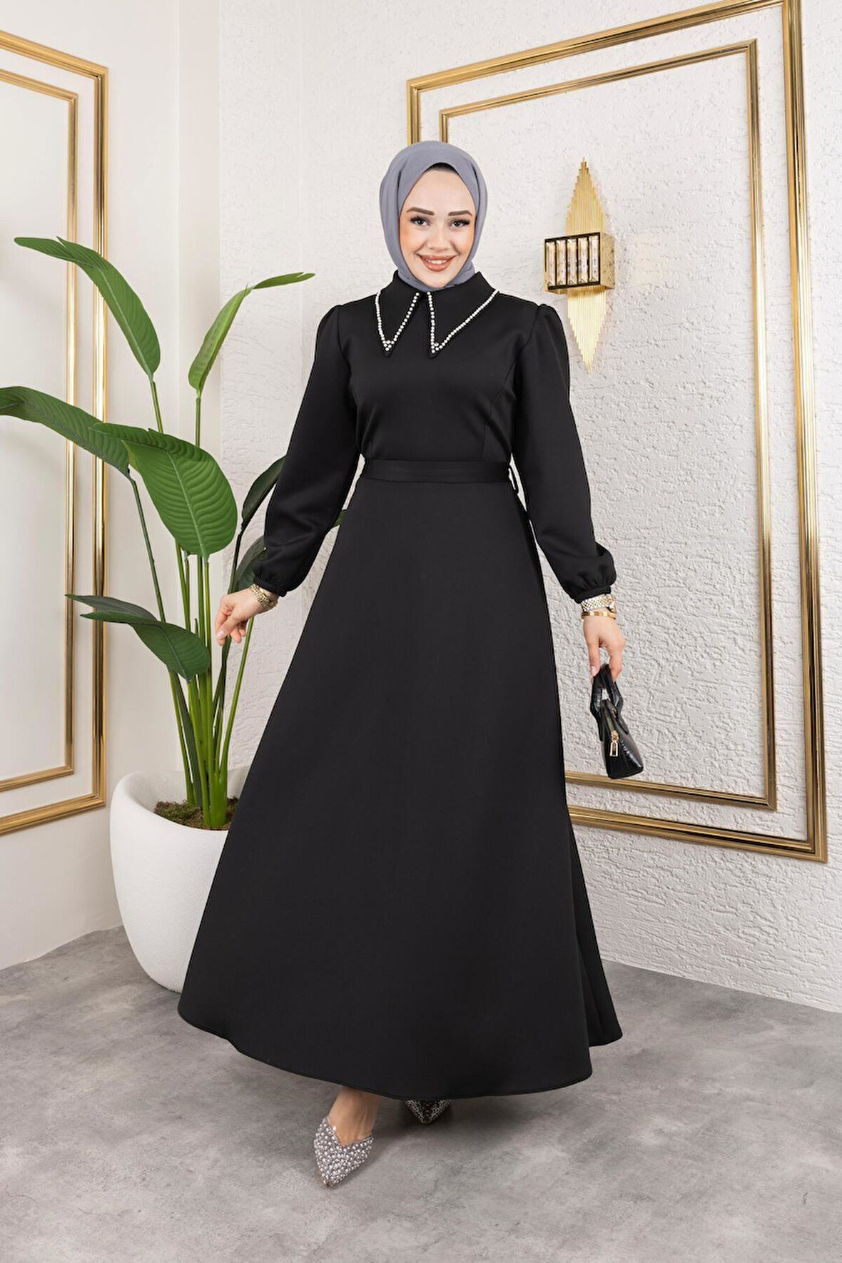 Kadın Kuşaklı Yakası İncili Scuba Kumaş Tesettür Elbise