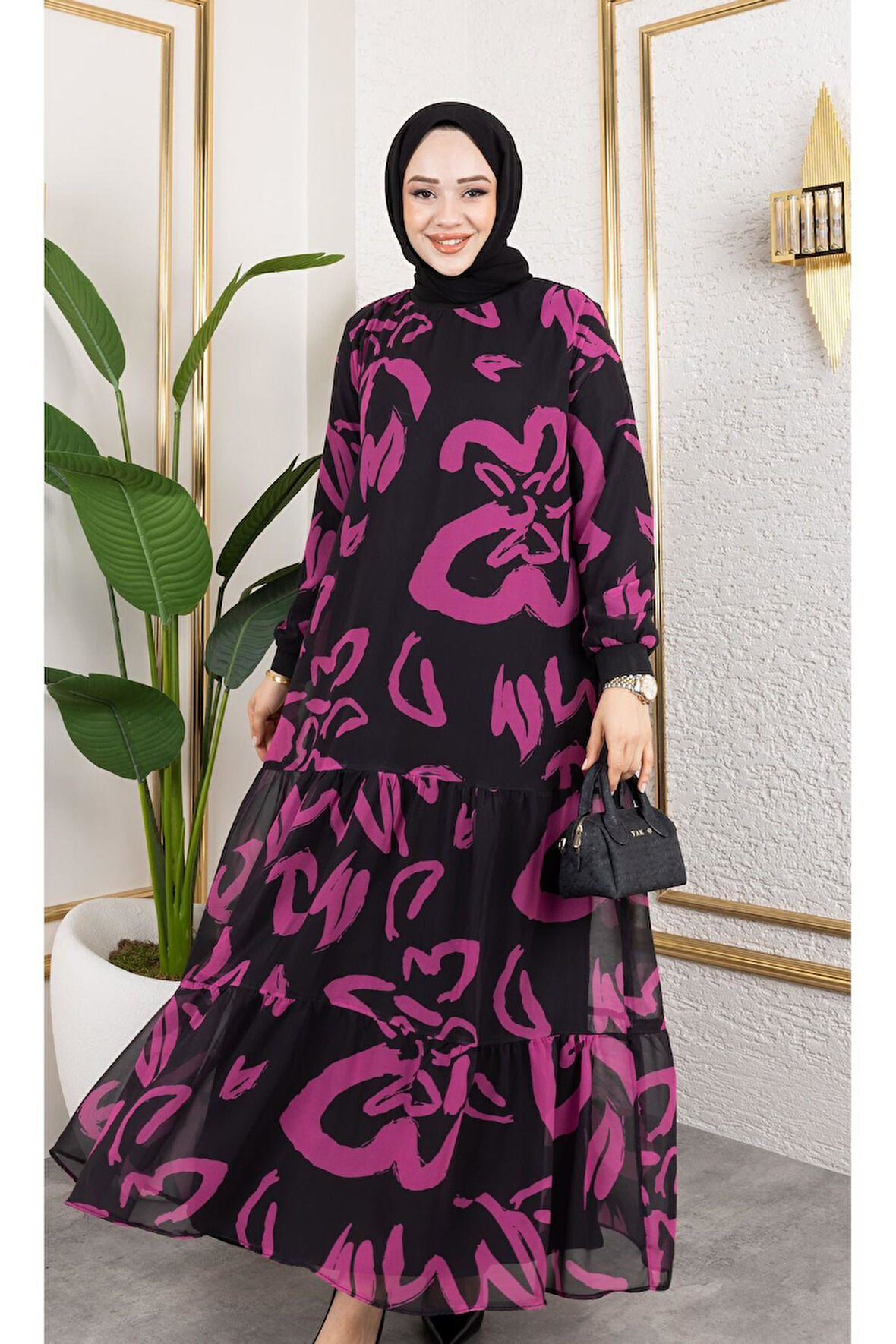 Kadın Astarlı Şifon Desenli Elbise