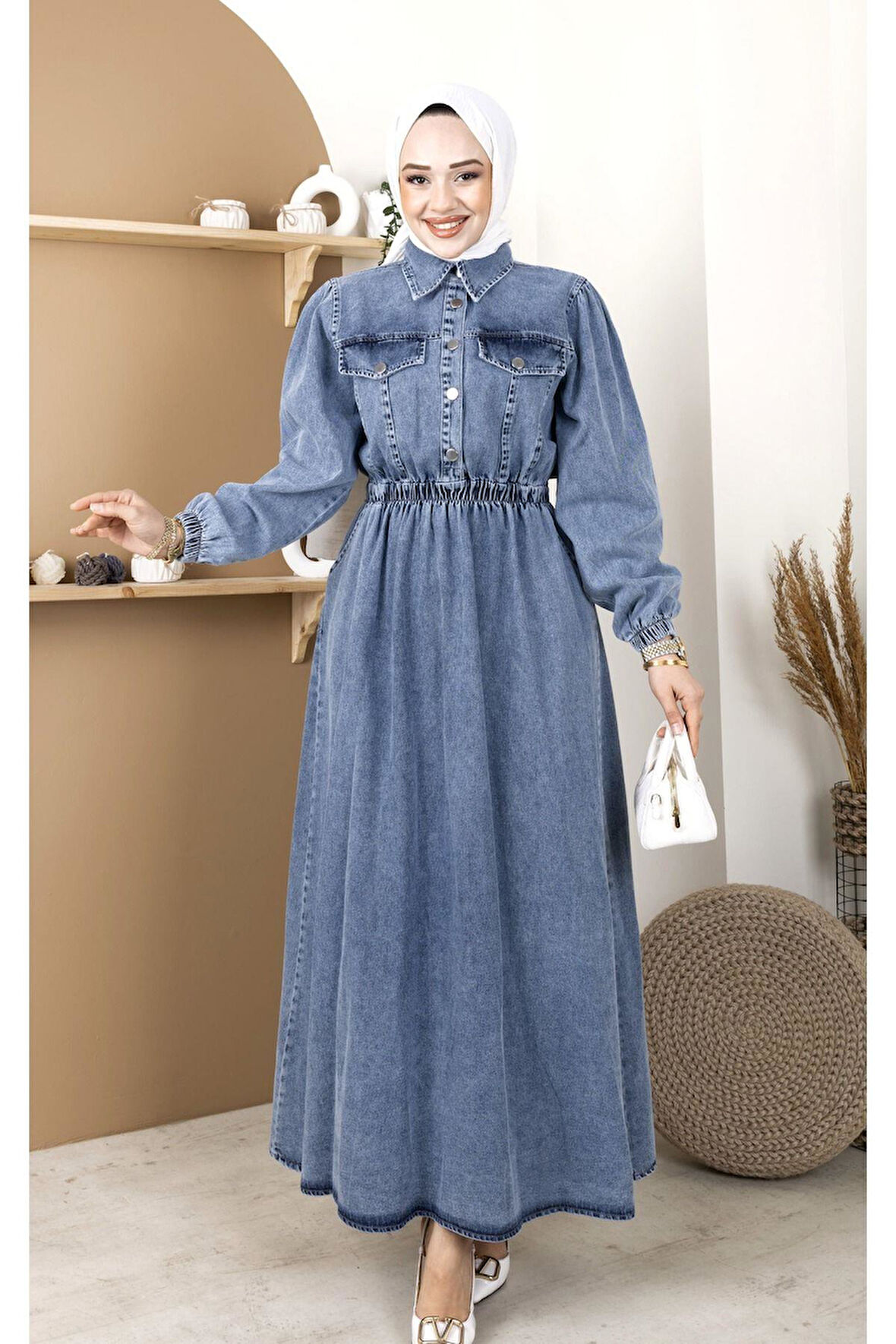 Kadın Kapak Cep Detaylı Beli Lastikli Kot Elbise