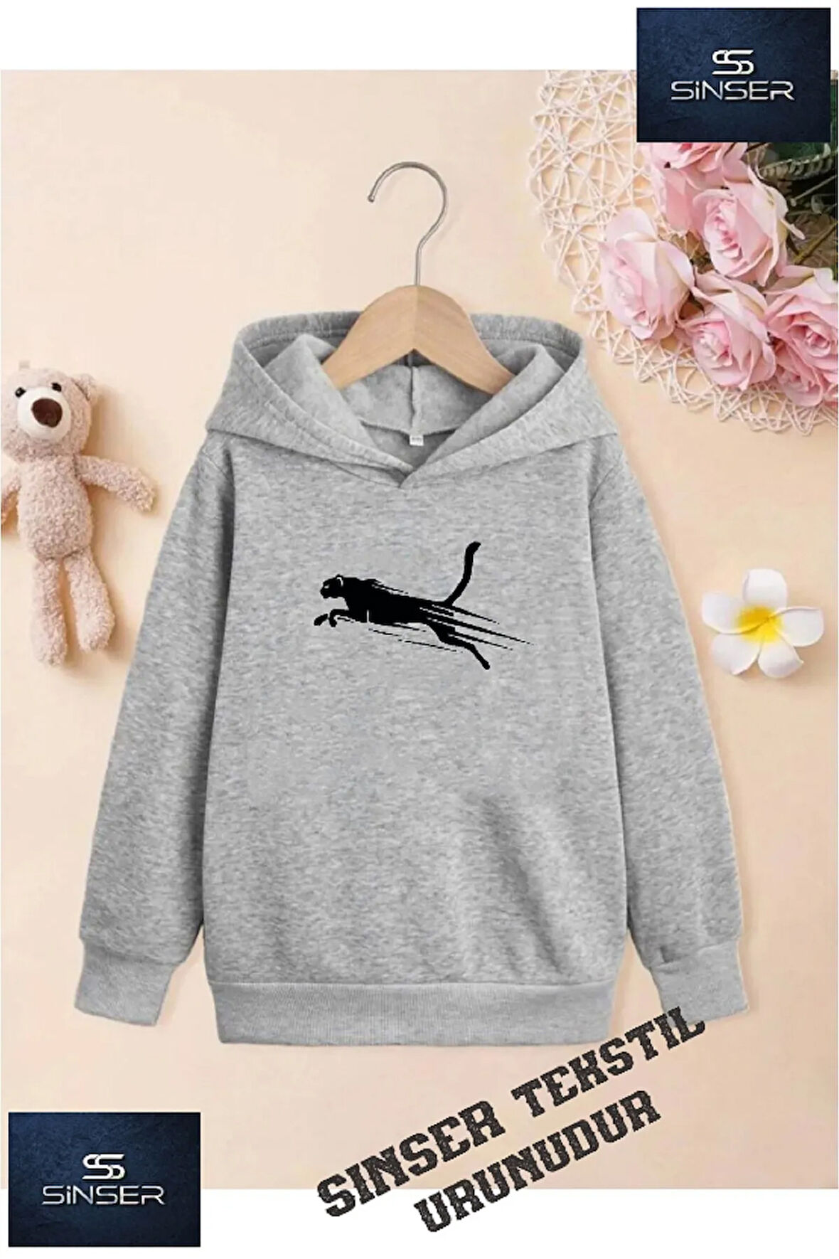 Kız/Erkek Çocuk Beyaz Kapüşonlu ''JAGUAR CIZGILI'' Baskılı Sweatshirt