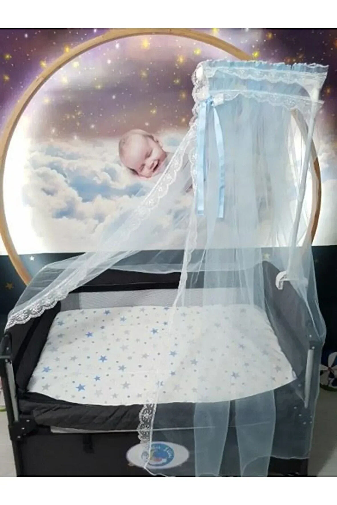 Bebek Beşiği Cibinlik Takımı - Mavi Güpürlü Hayal Tül (Aparat Dahil)