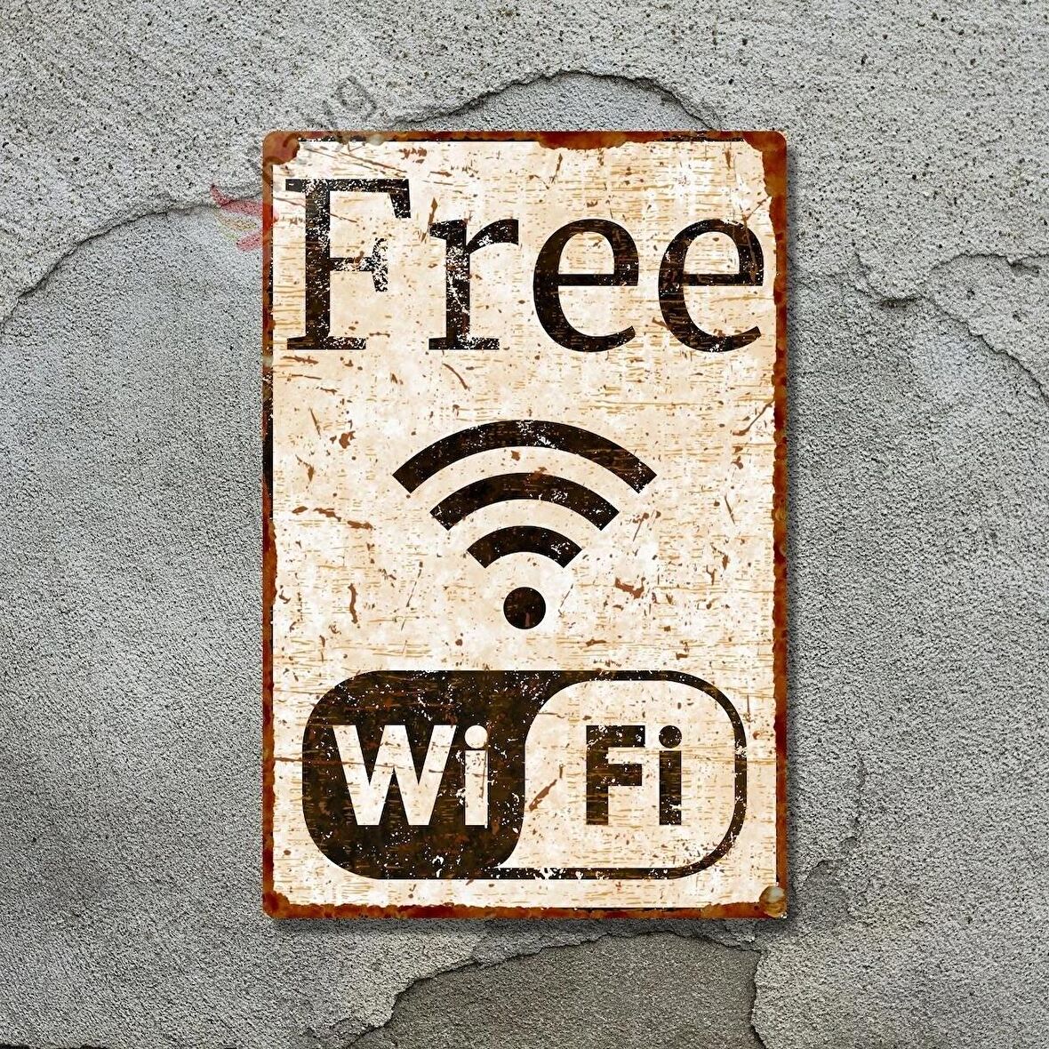 Free WiFi Pas Görünümlü Dekoratif Metal Levha - Vintage Tarzı Alüminyum Tabela - 15cm x 22,5cm