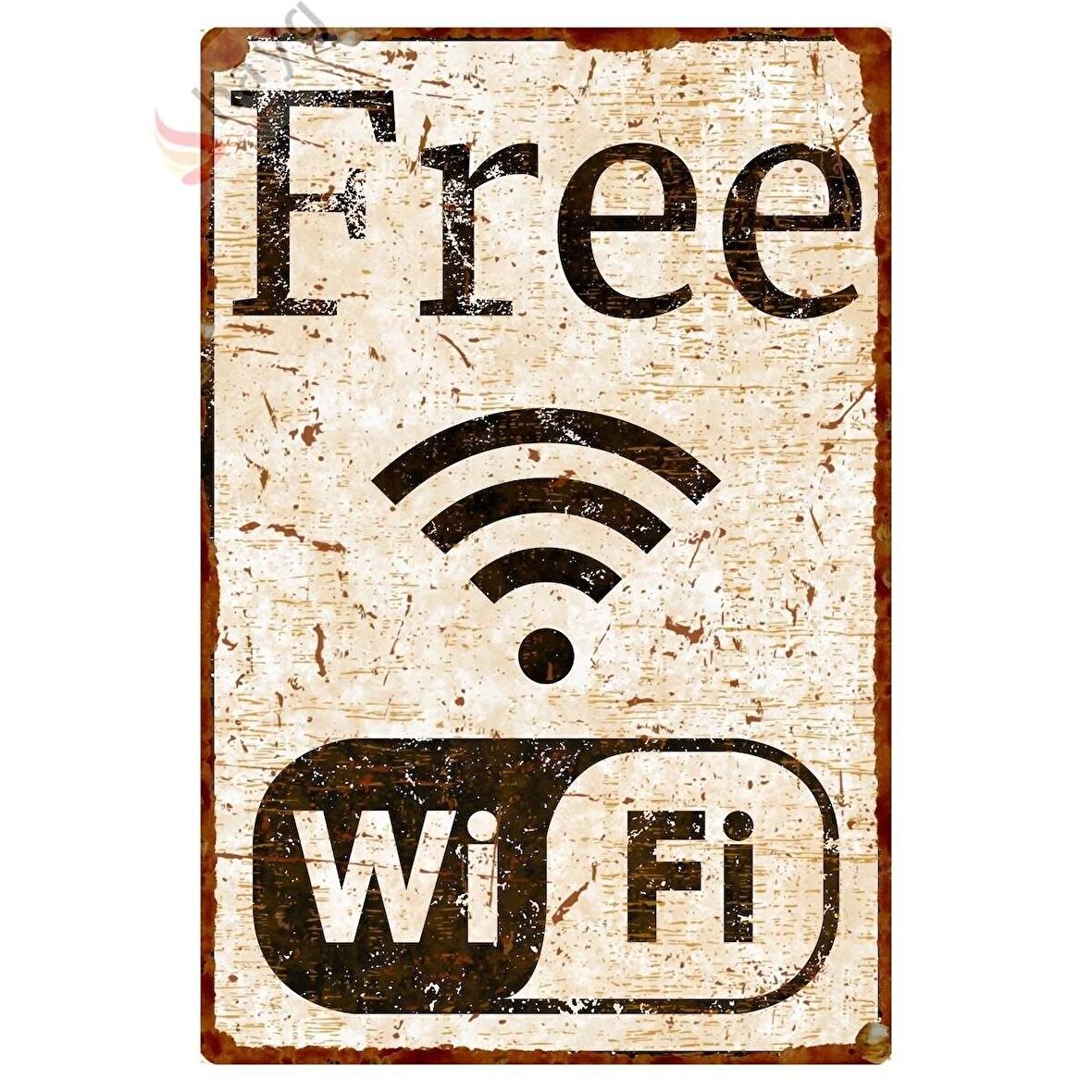 Free WiFi Pas Görünümlü Dekoratif Metal Levha - Vintage Tarzı Alüminyum Tabela - 20cm x 30cm