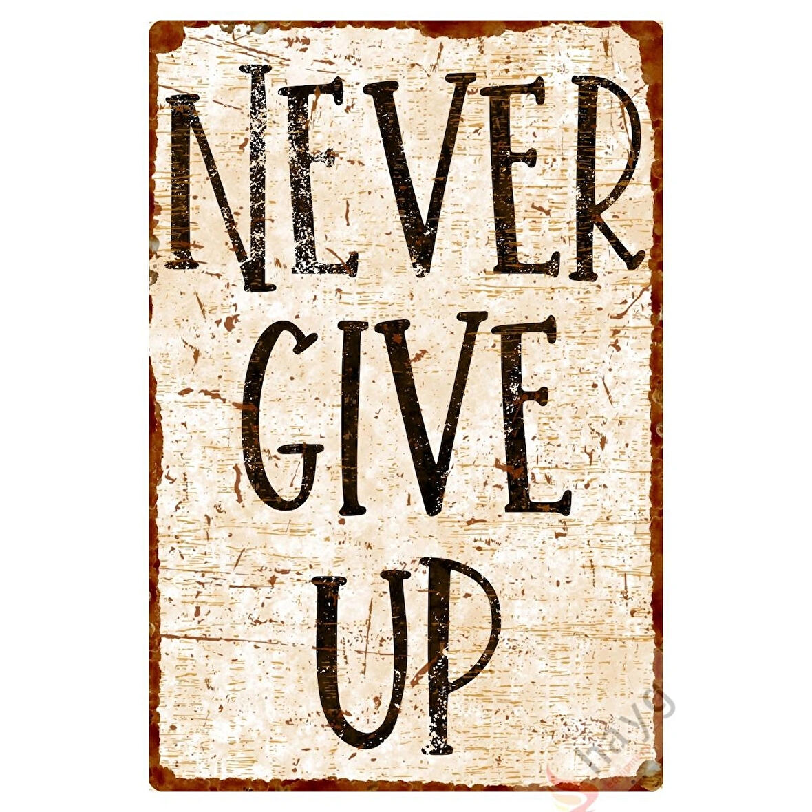 Never Give Up (Asla Vazgeçme) Alüminyum Duvar Dekoru - Pozitif Enerji Metal Tabela - Beyaz - 20cm x 30cm