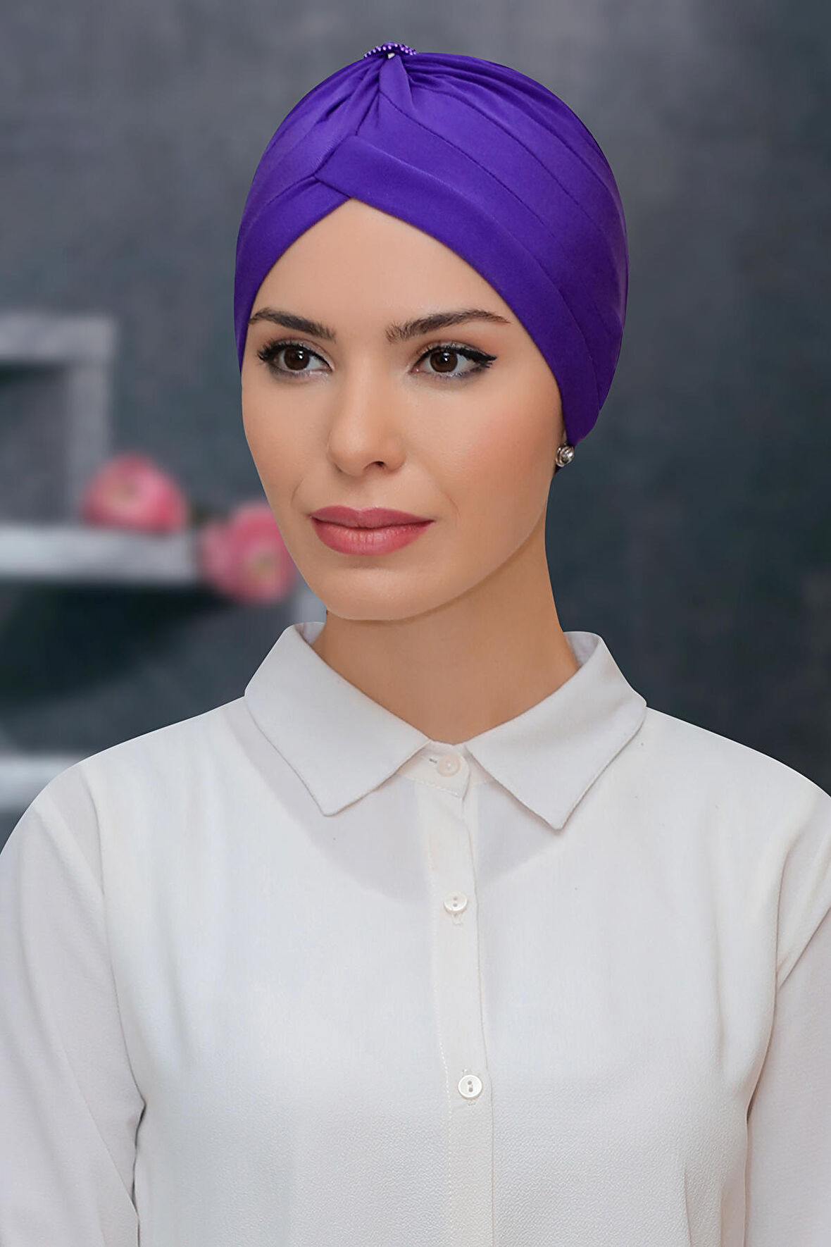 Mor Pratik Hazır Geçmeli Tesettür Bone Sandy Kumaş Taçlı Büzgülü 1208_22