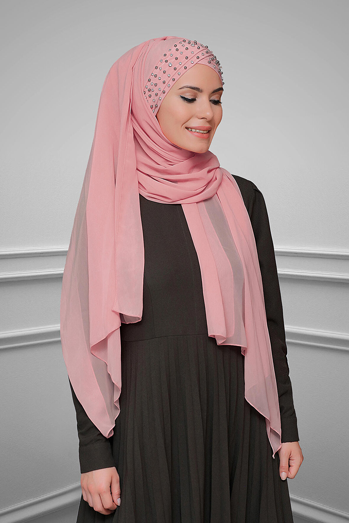 Pudra Pratik Hazır Geçmeli Bone Şal Şifon Kendinden Boneli Taşlı Elişi İşlemeli 1450_06