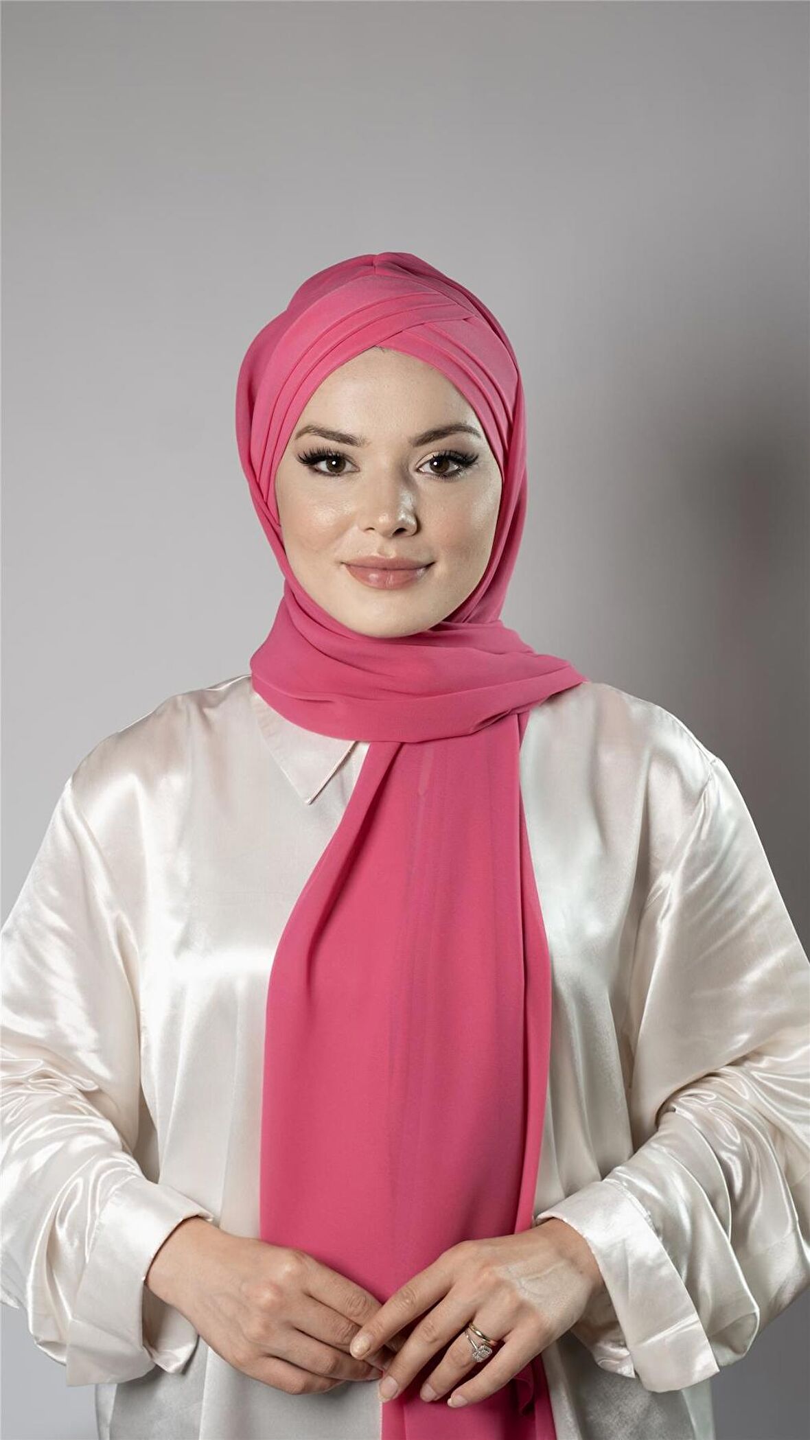 Pembe Pratik Hazır Geçmeli Bone Şal Şifon Kumaş Kendinden Boneli Üç Bantlı 1451_04