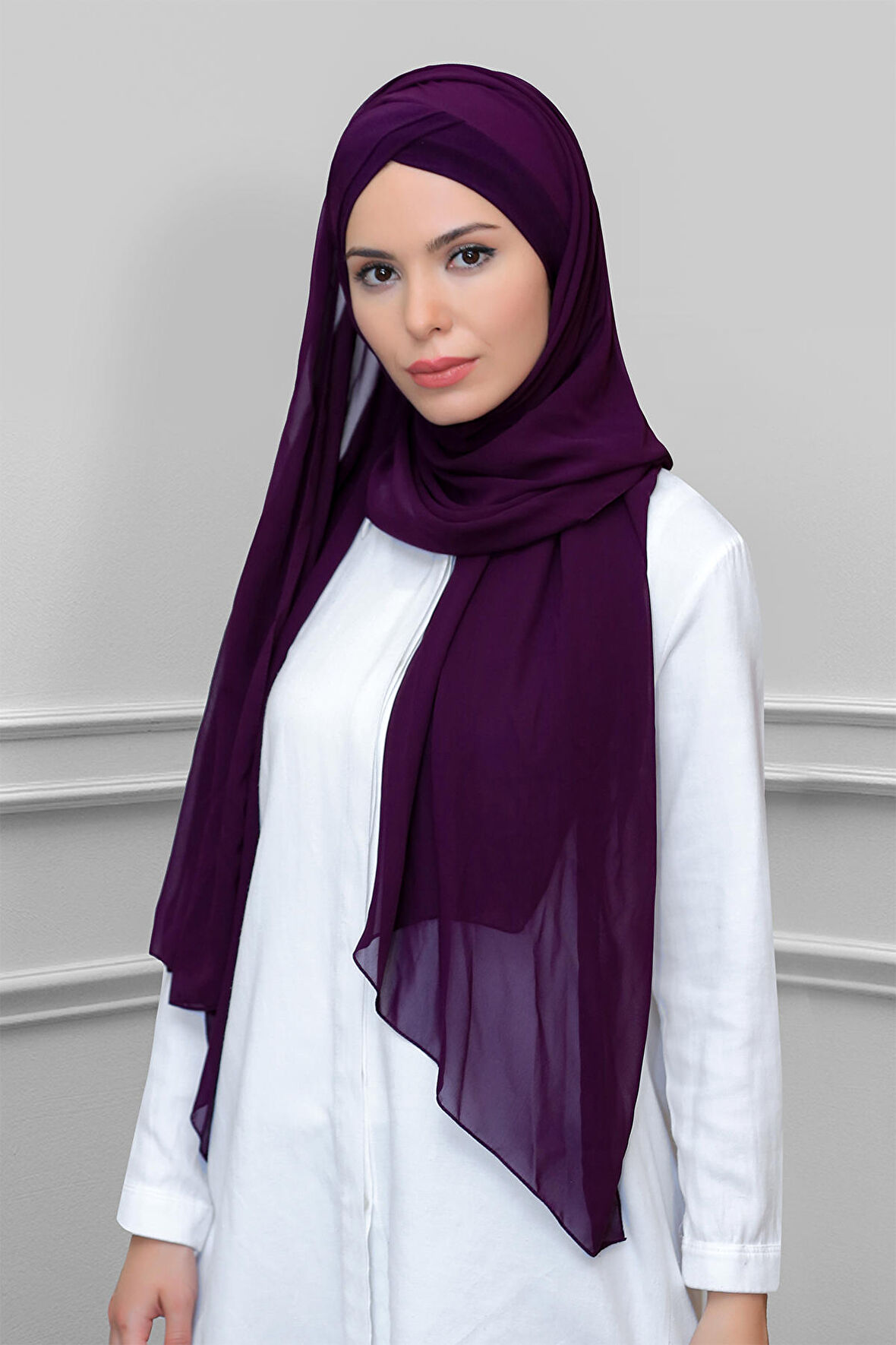 Mürdüm Pratik Hazır Geçmeli Bone Şal Şifon Kendinden Boneli İki Bantlı 1452_07