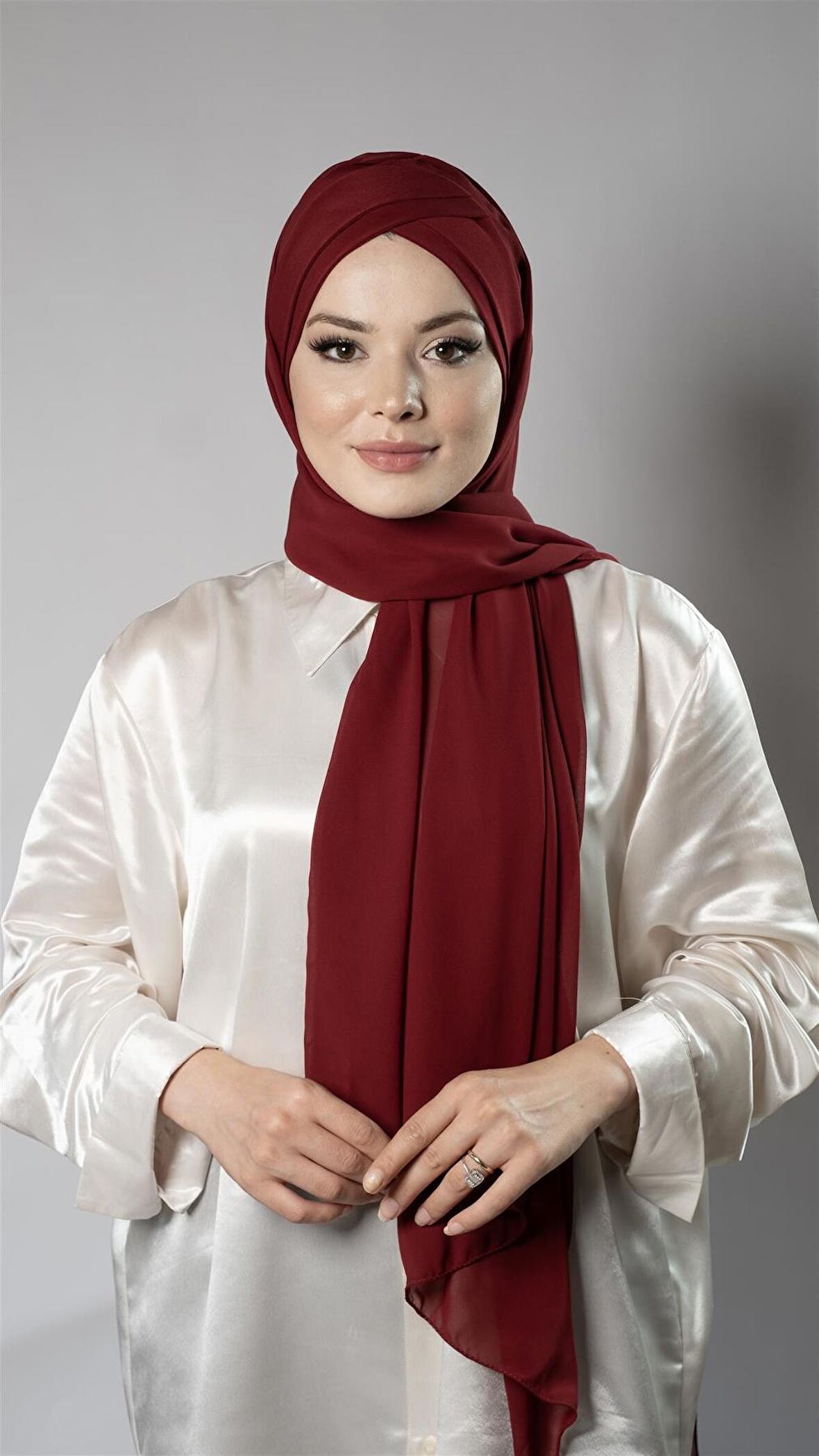 Bordo Pratik Hazır Geçmeli Bone Şal Şifon Kendinden Boneli İki Bantlı 1452_16