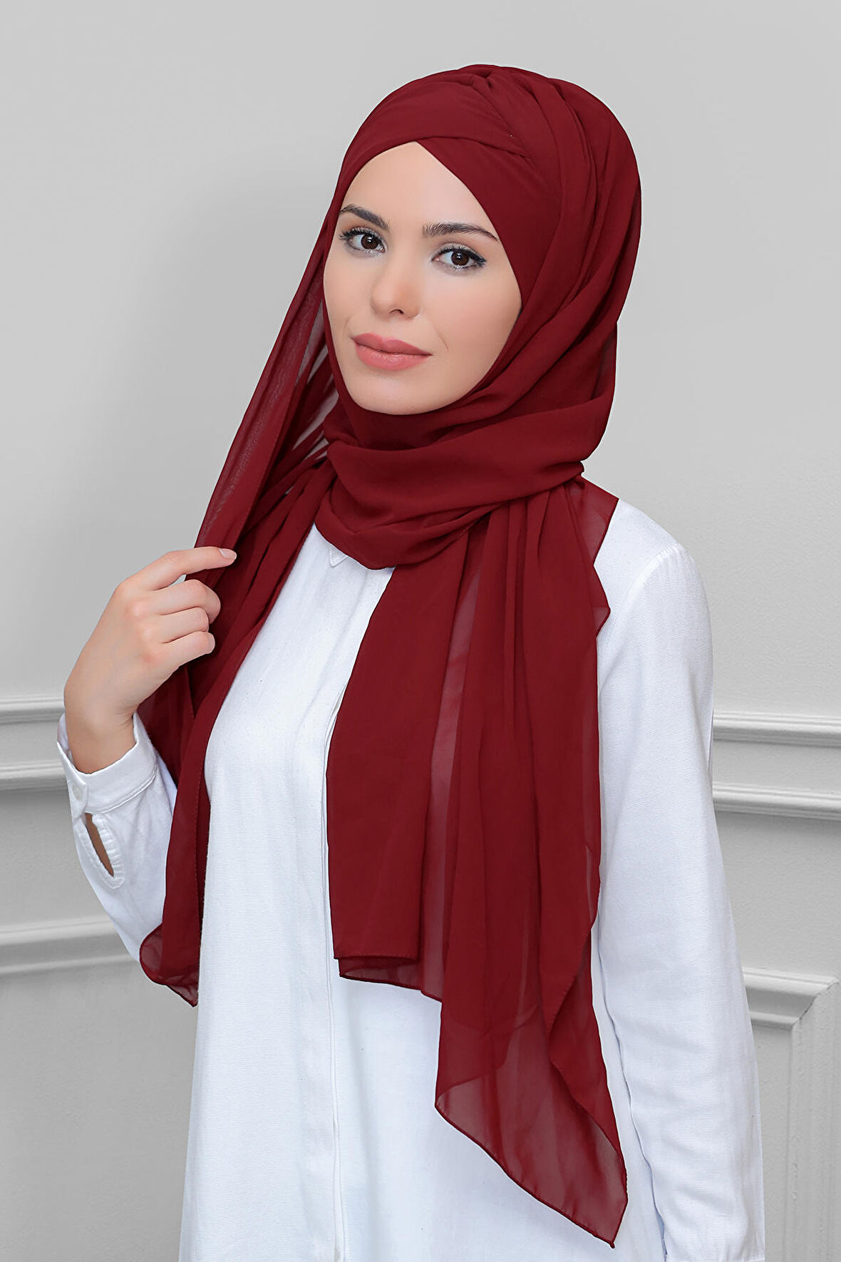 Bordo Pratik Hazır Geçmeli Bone Şal Şifon Kendinden Boneli Tek Bantlı 1453_16